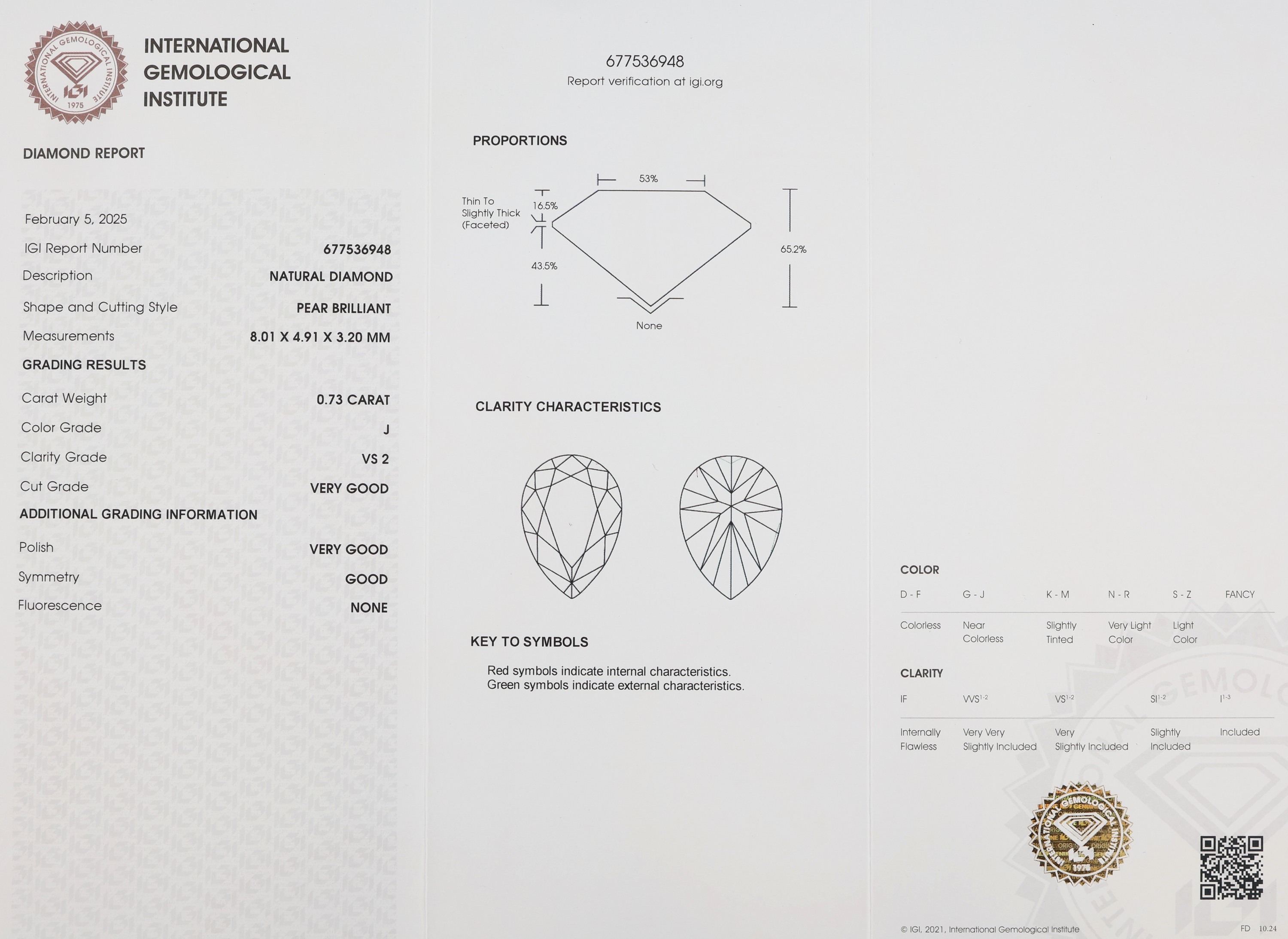 Detail a: Loser Diamant 0.73 ct l. get. Weiß (J)/vs 2, facett. Tropfen, eingeschweißt, IGI-Report 02/2025