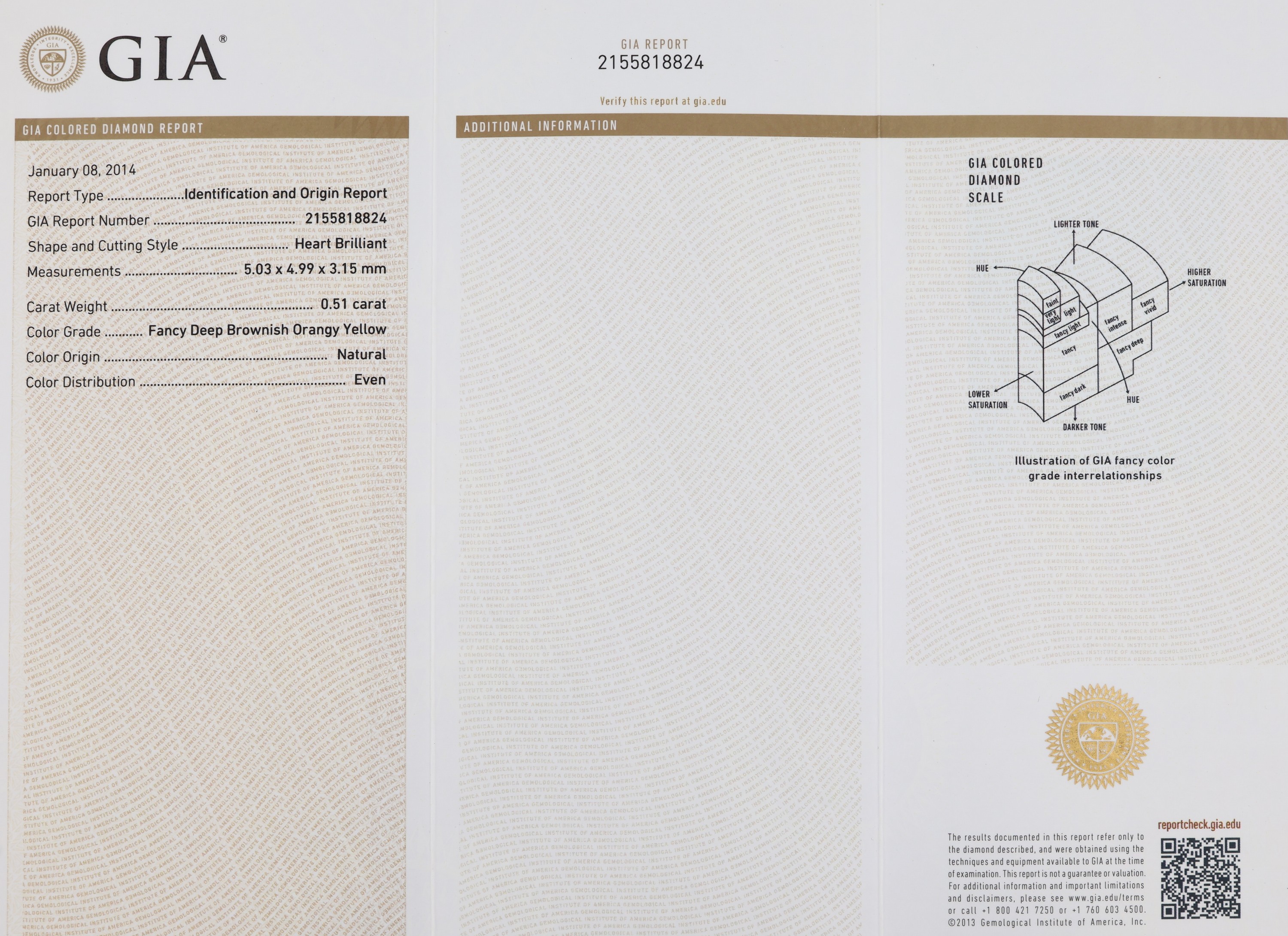 Detail a: Loses Diamant Herz 0.51 ct natural fancy deep brownish orangy yellow, eingeschweißt, GIA Report 01/2014
