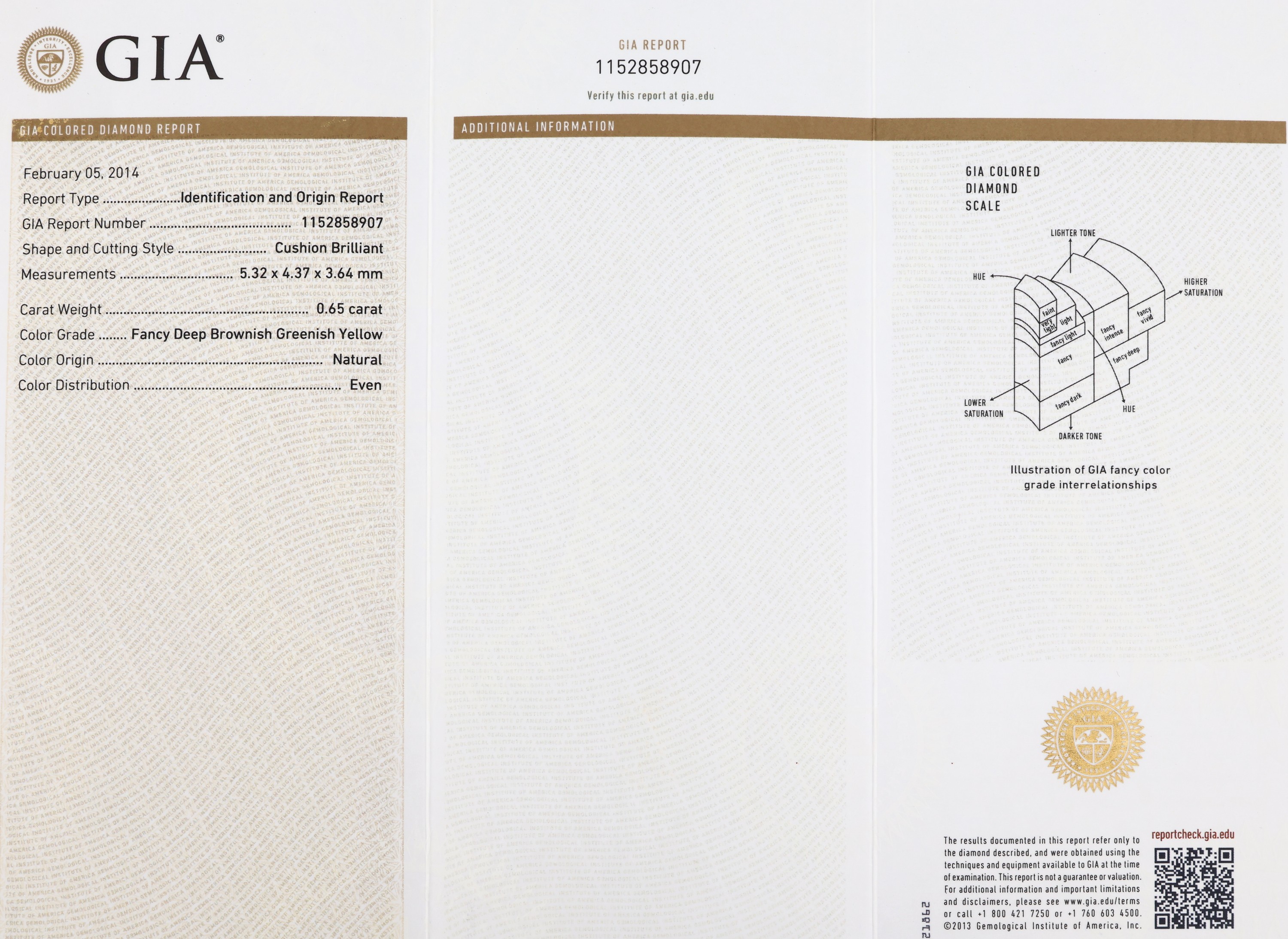 Detail a: Loser Diamant im Kissenschliff 0.65 ct naturalfancy deep brownish greenish yellow, einge- schweißt, GIA Report 02/2014