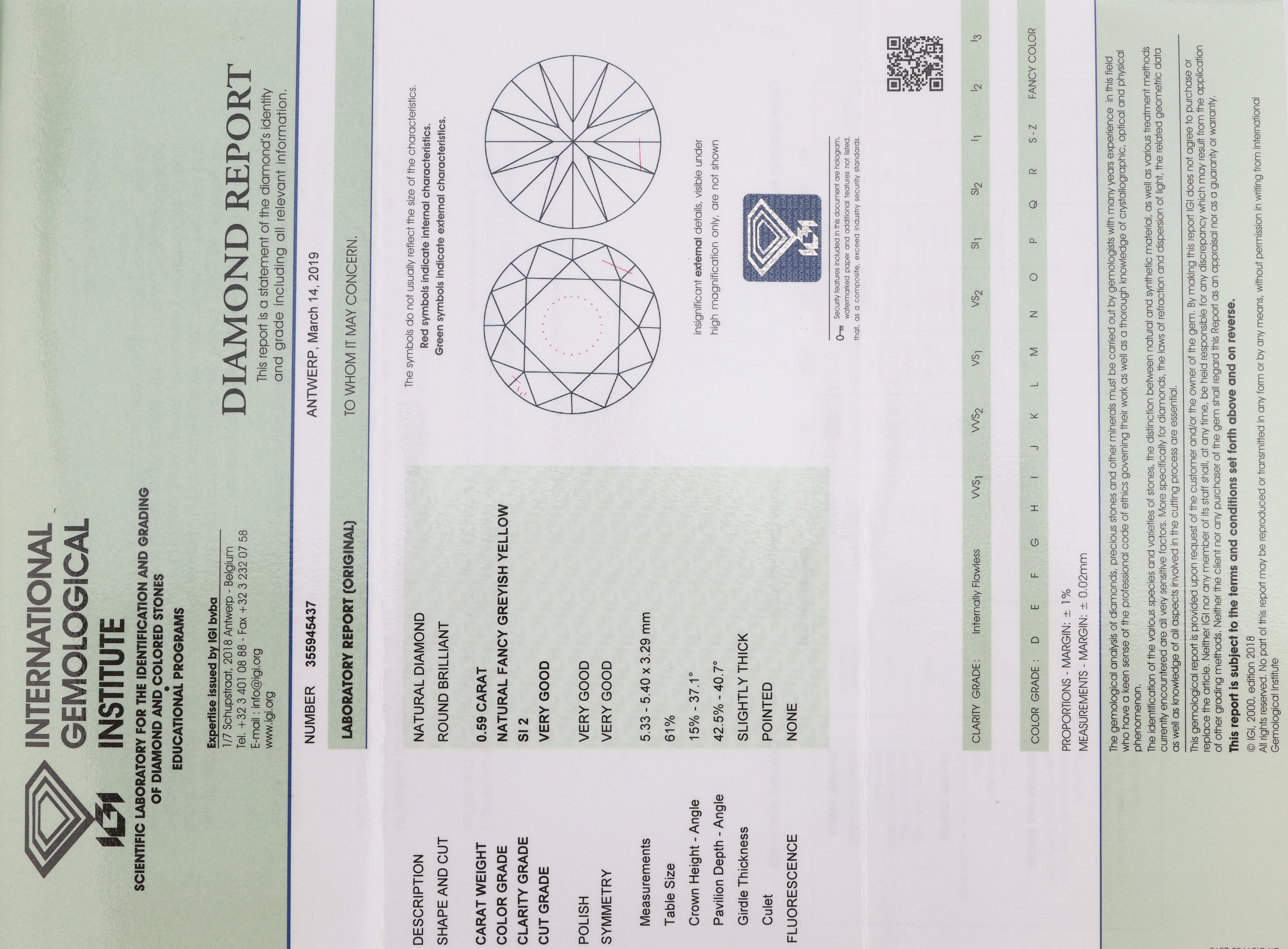 Detail a: Loser Brillant 0.59 ct natural fancy greyish yellow/si 2, eingeschweißt, IGI Diamond Report03/2019