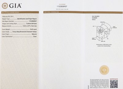 27018731a - Loser Diamant im Kissenschliff 0.65 ct naturalfancy deep brownish greenish yellow, einge- ...