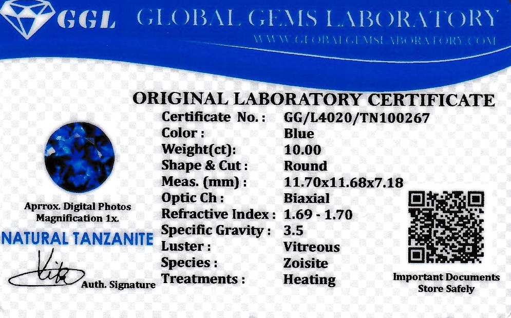 Detail c: Loser Tansanit/Zoisite, blau, rundfacett., 10.00 ct, beh., GGL Zertifikat anbei