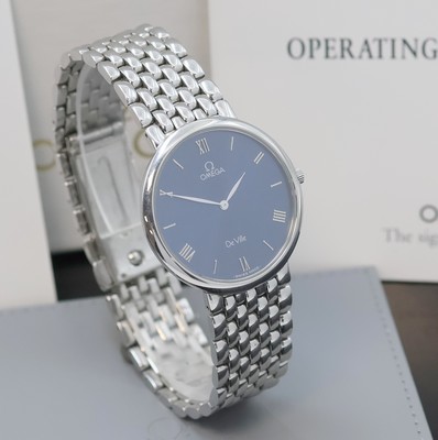 27018906b - OMEGA De Ville flache Armbanduhr in Edelstahl, Schweiz um 1990, quarz, 2-teil. Geh. ...