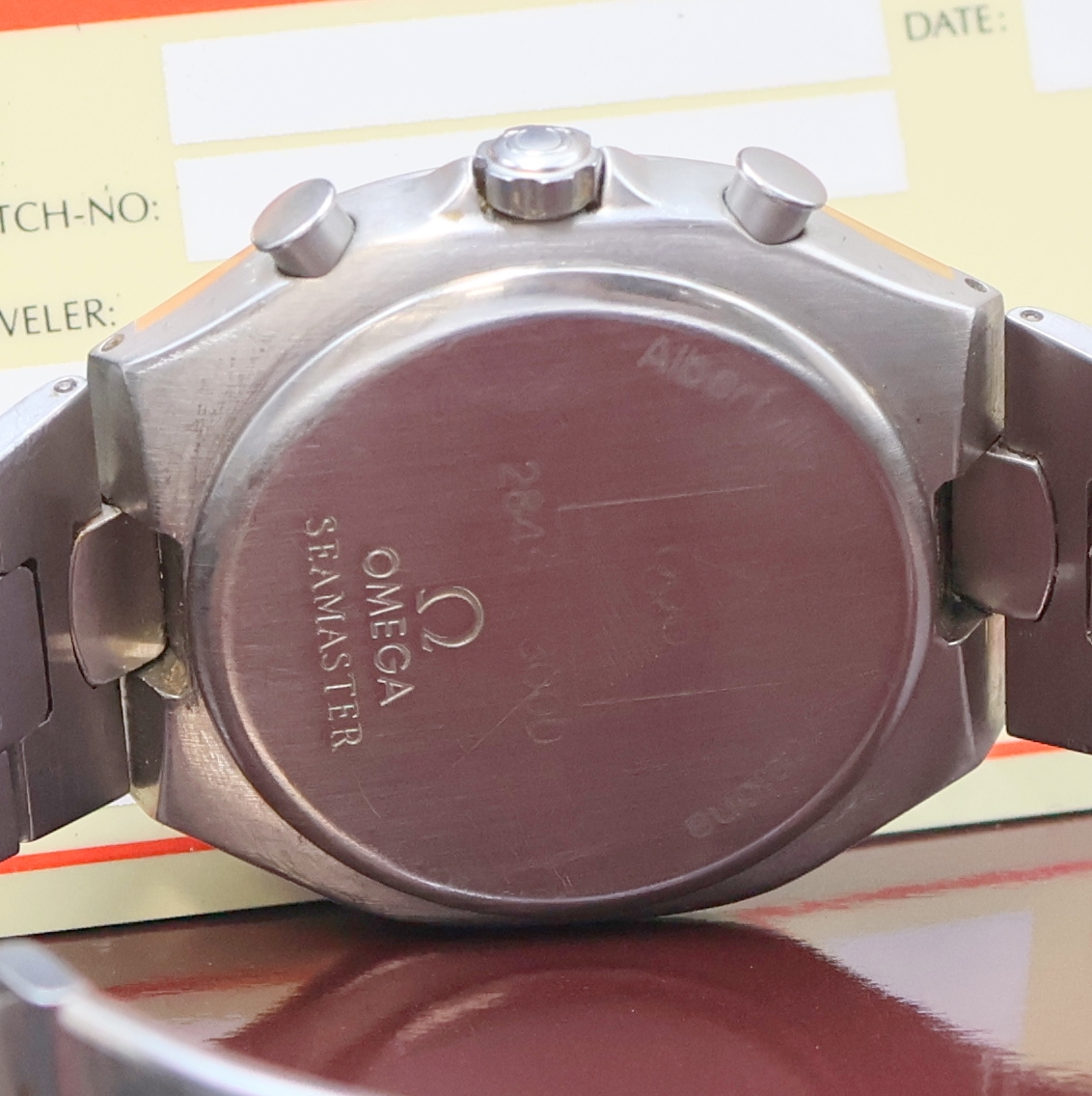 Detail e: OMEGA Seamaster Polaris auf 3000 Stück limitierter Olympia-Armbandchronograph Albertville 1992 Referenz 386.1031.1, Schweiz um 1992, zu Ehren 60 ...