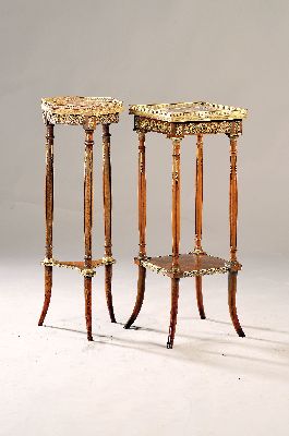 Image 2 flower tables, France, around 1900, birch veneer, partly solid, embedded marble, brass ...
