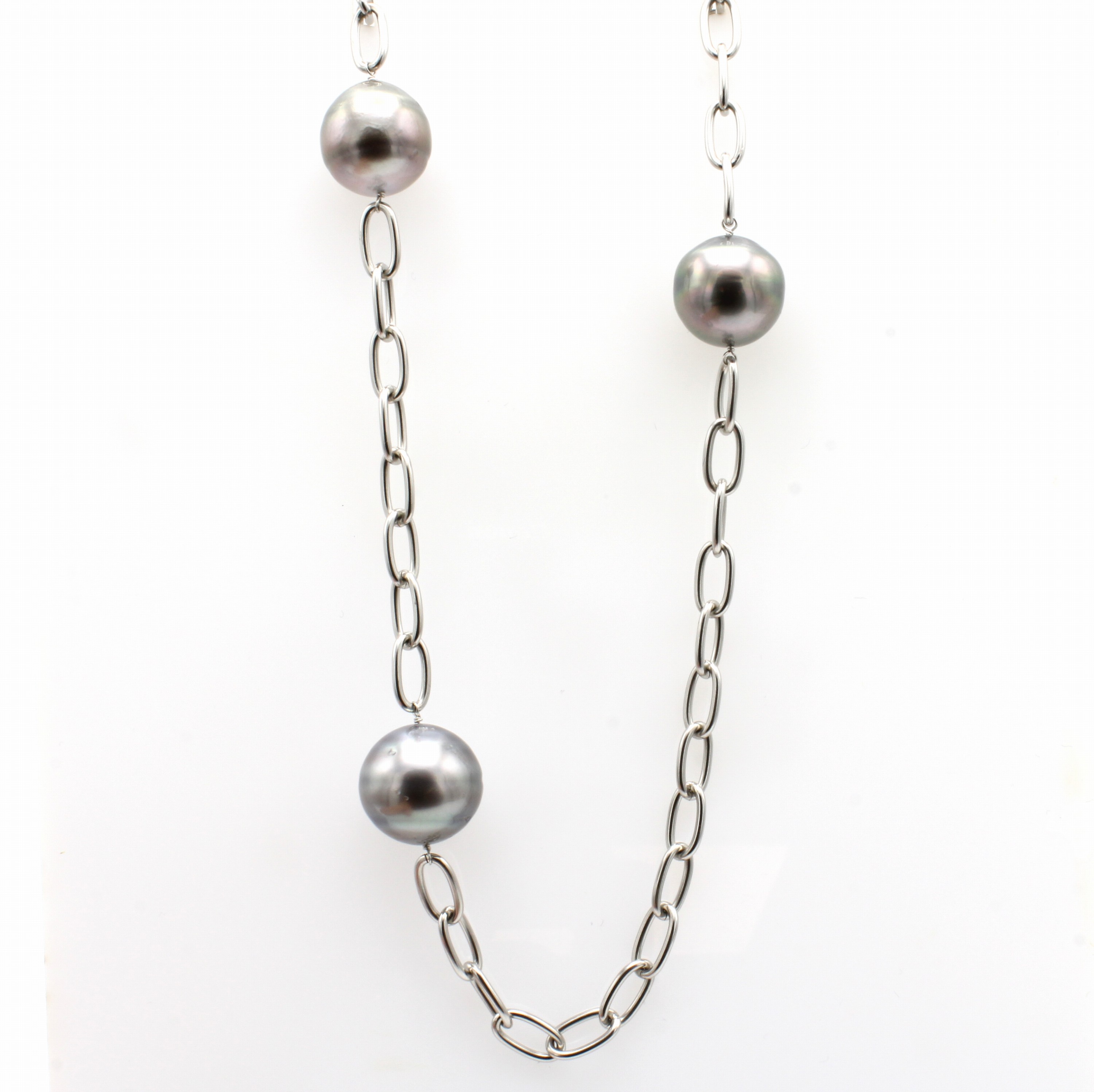 Image 27019308 - Gliederkette mit Tahitizuchtperlen, Edel- stahl, 4 große Perlen v. grau-antrazithfarb. ...