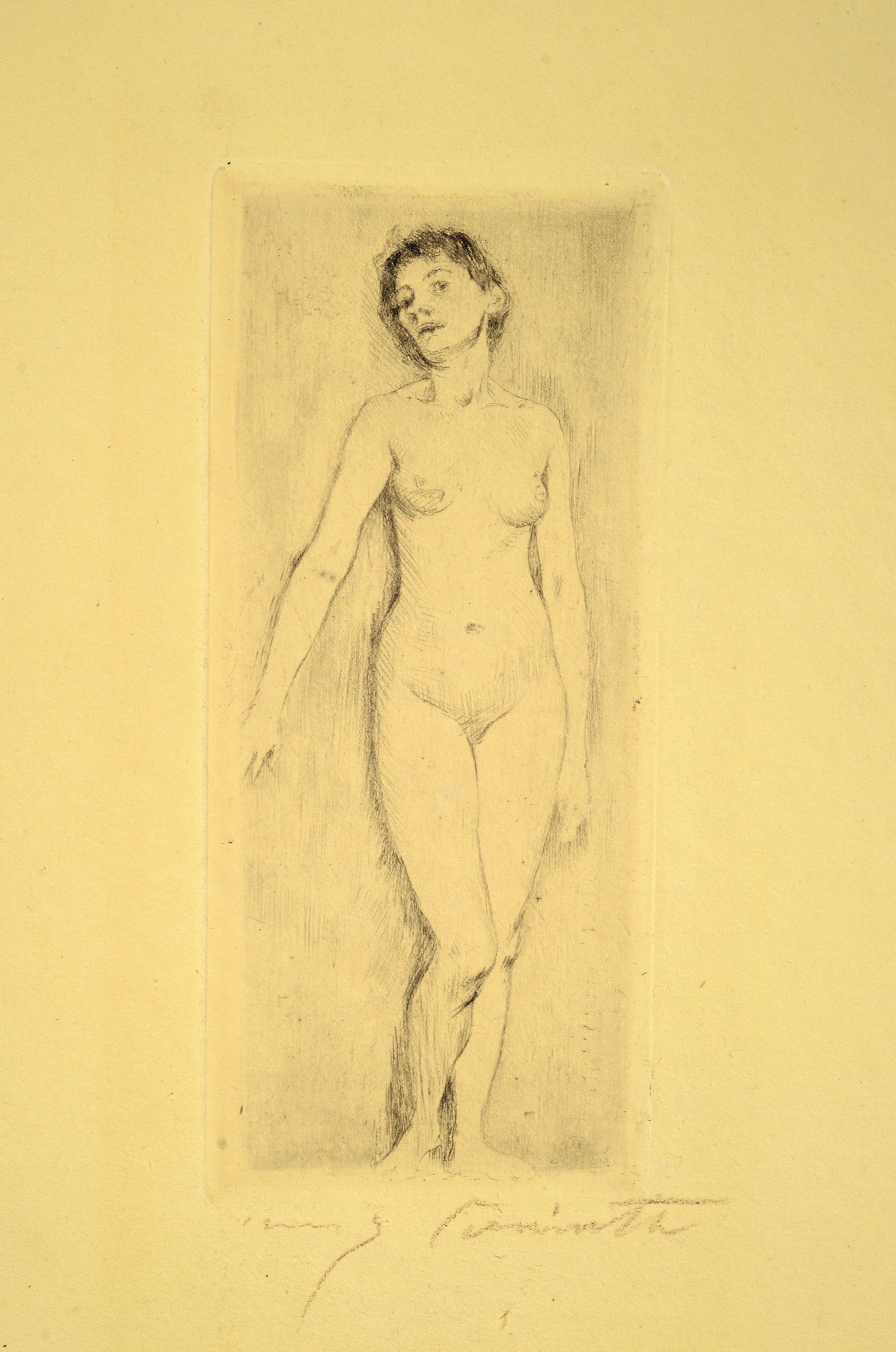 Detail k: Lovis Corinth, 1858 Tapiau-1925 Zandvoort, stehender weiblicher Akt, Radierung, unten mit Stempelsignatur, ca. 15x6.5cm