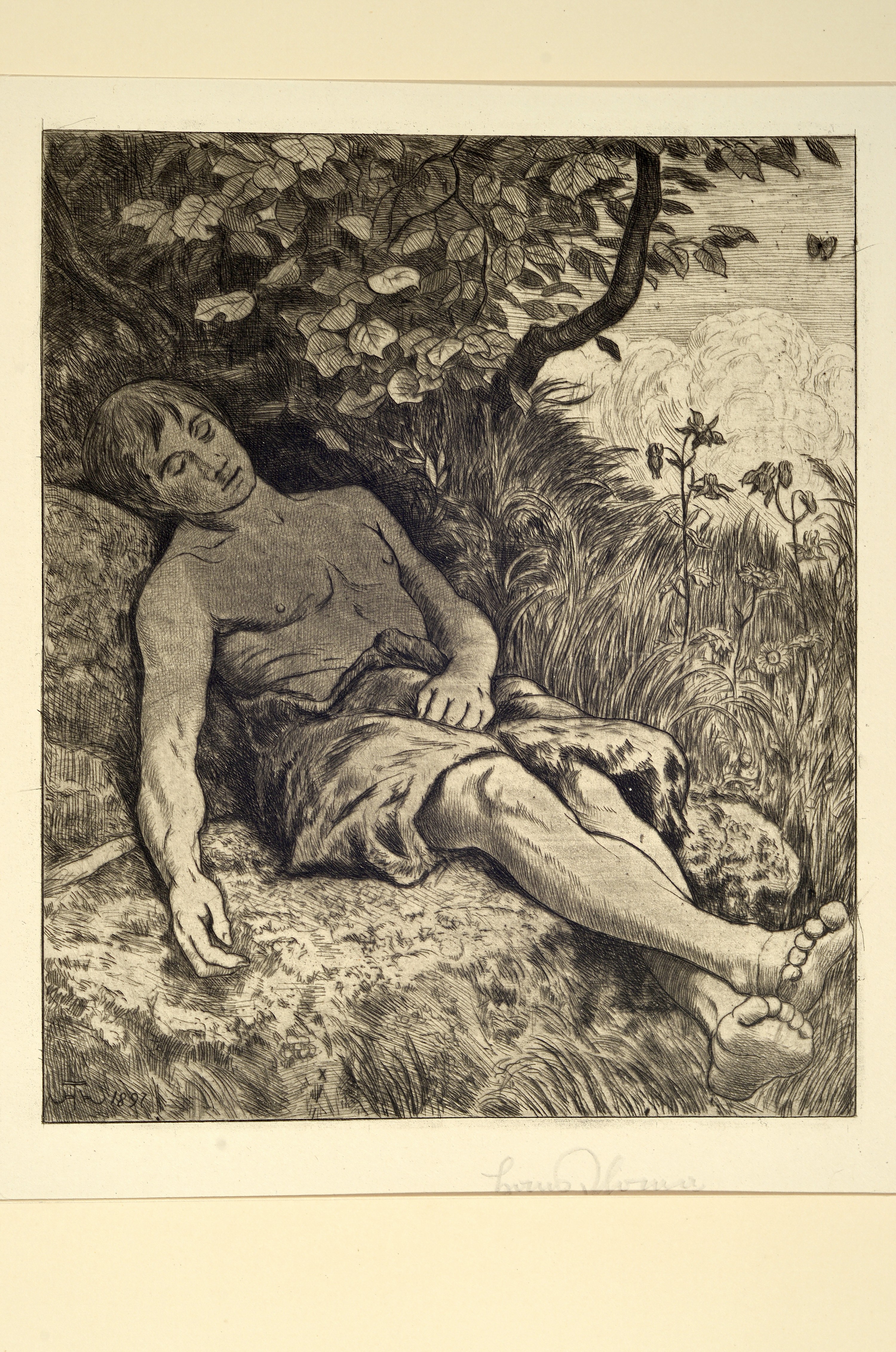 Detail b: Hans Thoma, 1839 Bernau-1924 Karlsruhe, 3 handsignierte Radierungen: 1) Schlafender Hirte, von 1897, ca. 26.5x22cm; 2) Wundervögel, von 1911, ca. ...