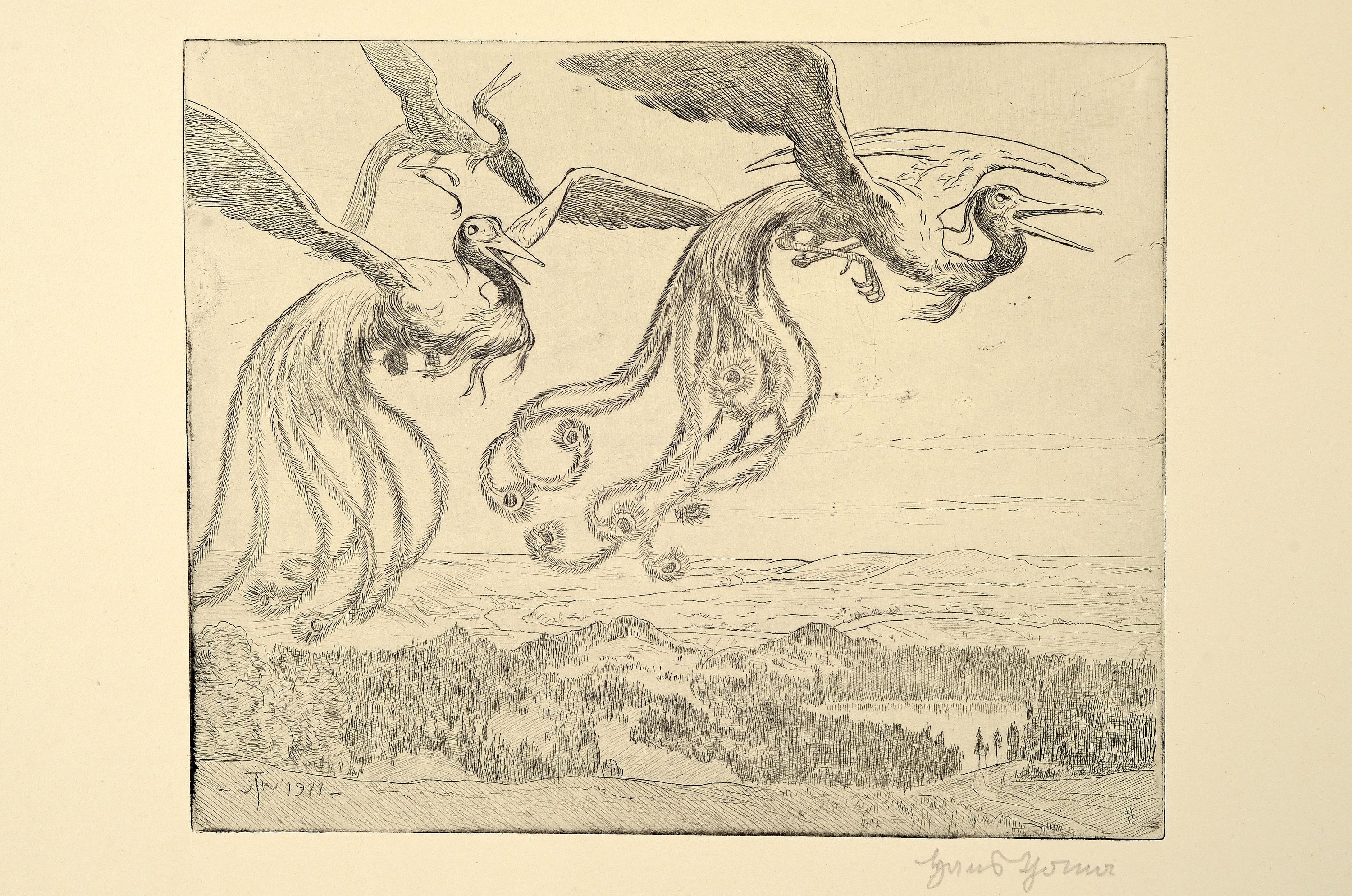 Detail k: Hans Thoma, 1839 Bernau-1924 Karlsruhe, 3 handsignierte Radierungen: 1) Schlafender Hirte, von 1897, ca. 26.5x22cm; 2) Wundervögel, von 1911, ca. ...