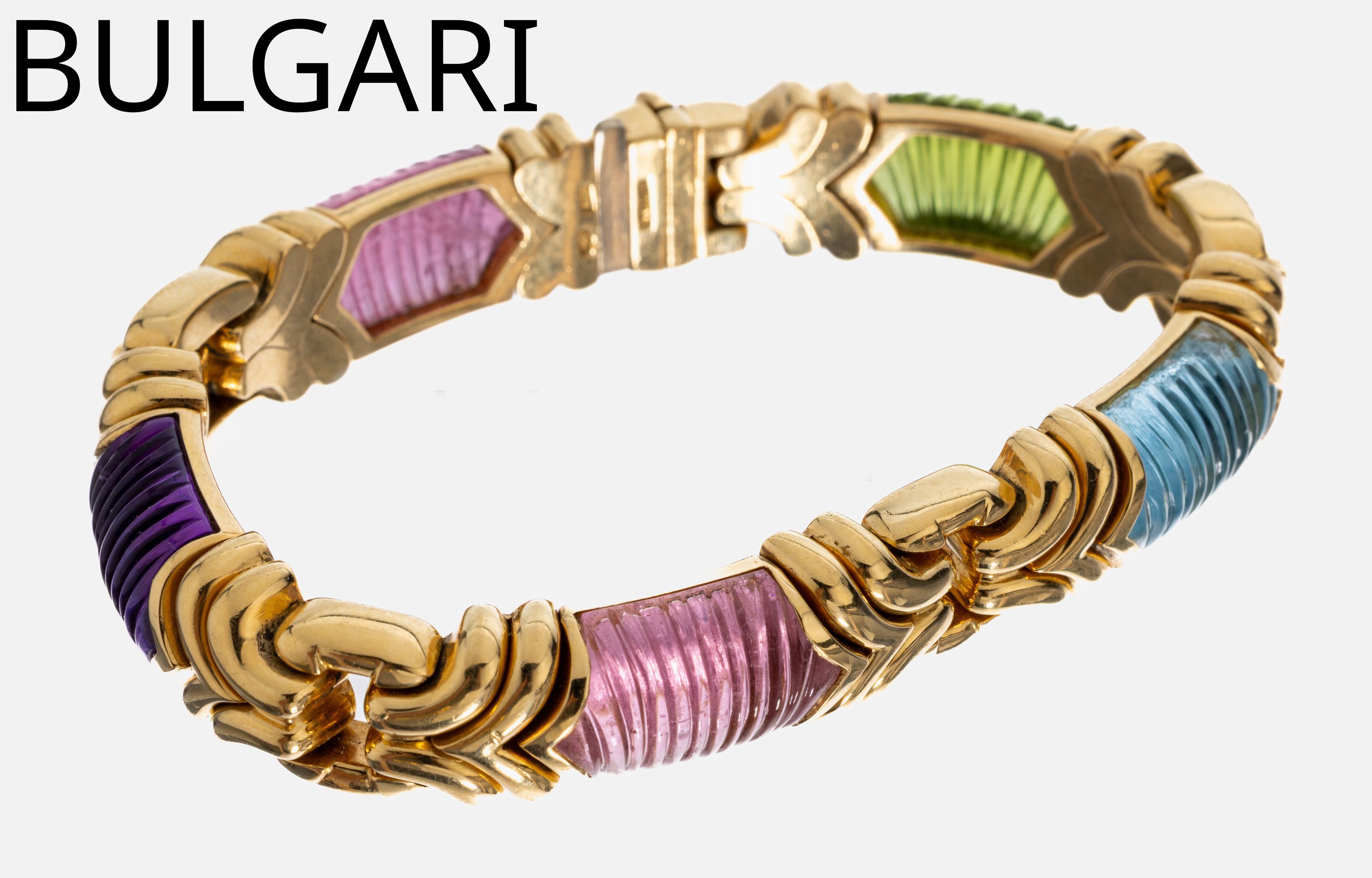Image 27019669 - 18 kt Gold BULGARI Farbstein-Armband, GG 750/000, Mittelteil bes. mit facett. ...
