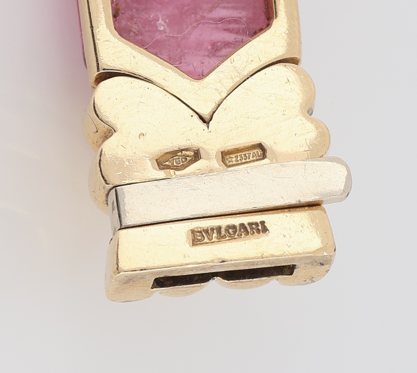 Detail d: 18 kt Gold BULGARI Farbstein-Armband, GG 750/000, Mittelteil bes. mit facett. Amethyst,Blautopas (beh.), Verdelith und Rosenquarz, schöne ...