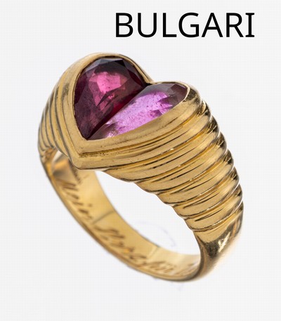 Image 18 kt Gold BULGARI Turmalin-Ring, GG 750/000, facett. Rubellite zus. ca. 2.00 ct, ...