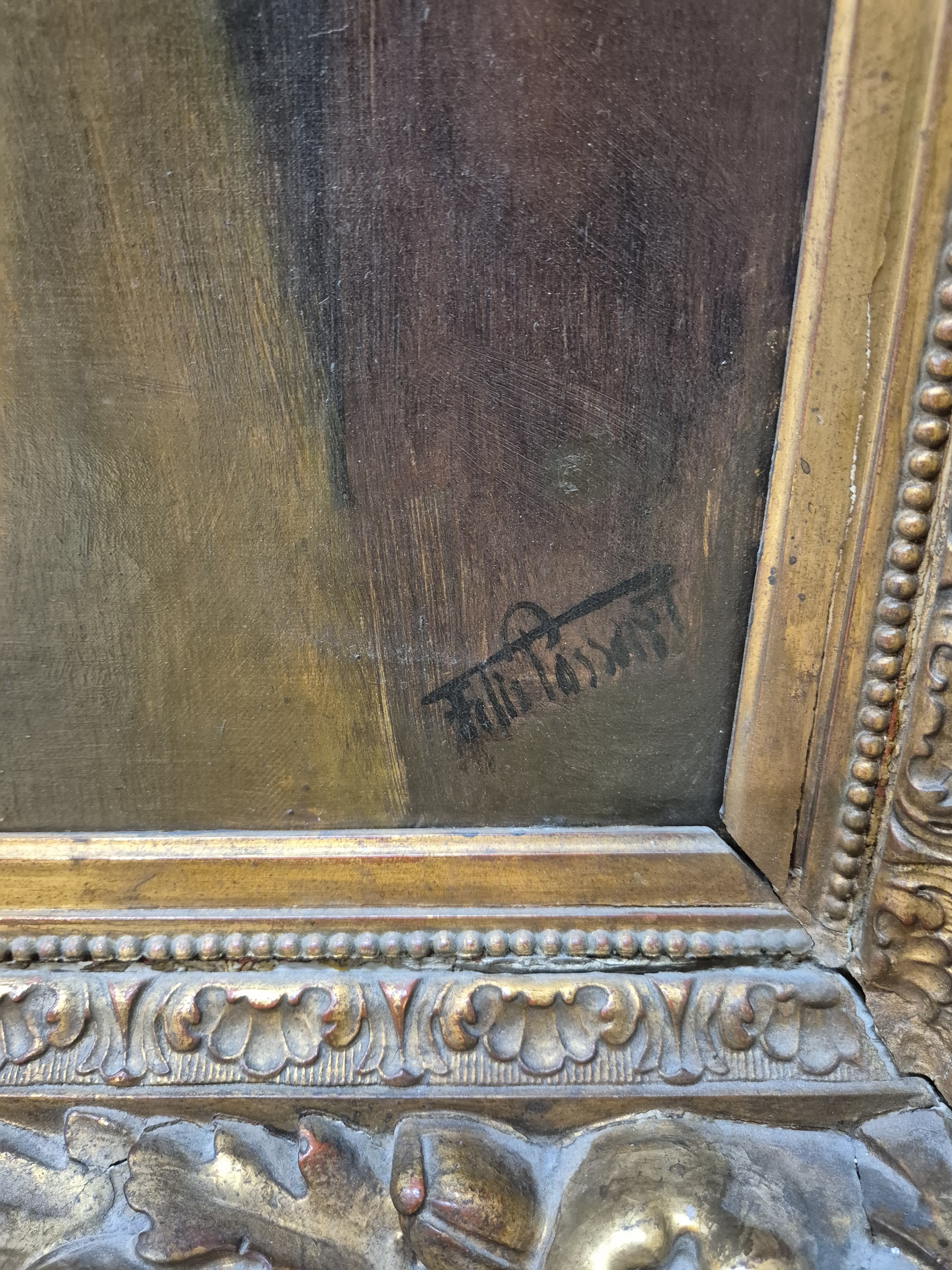 Detail c: Felix Possart, 1837-1928 Berlin, Porträt einer jungen Frau, Öl/Lwd, rest., rechts unten sign., links oben bezeichnet: Auguste Vittali geb. Ditt, ...