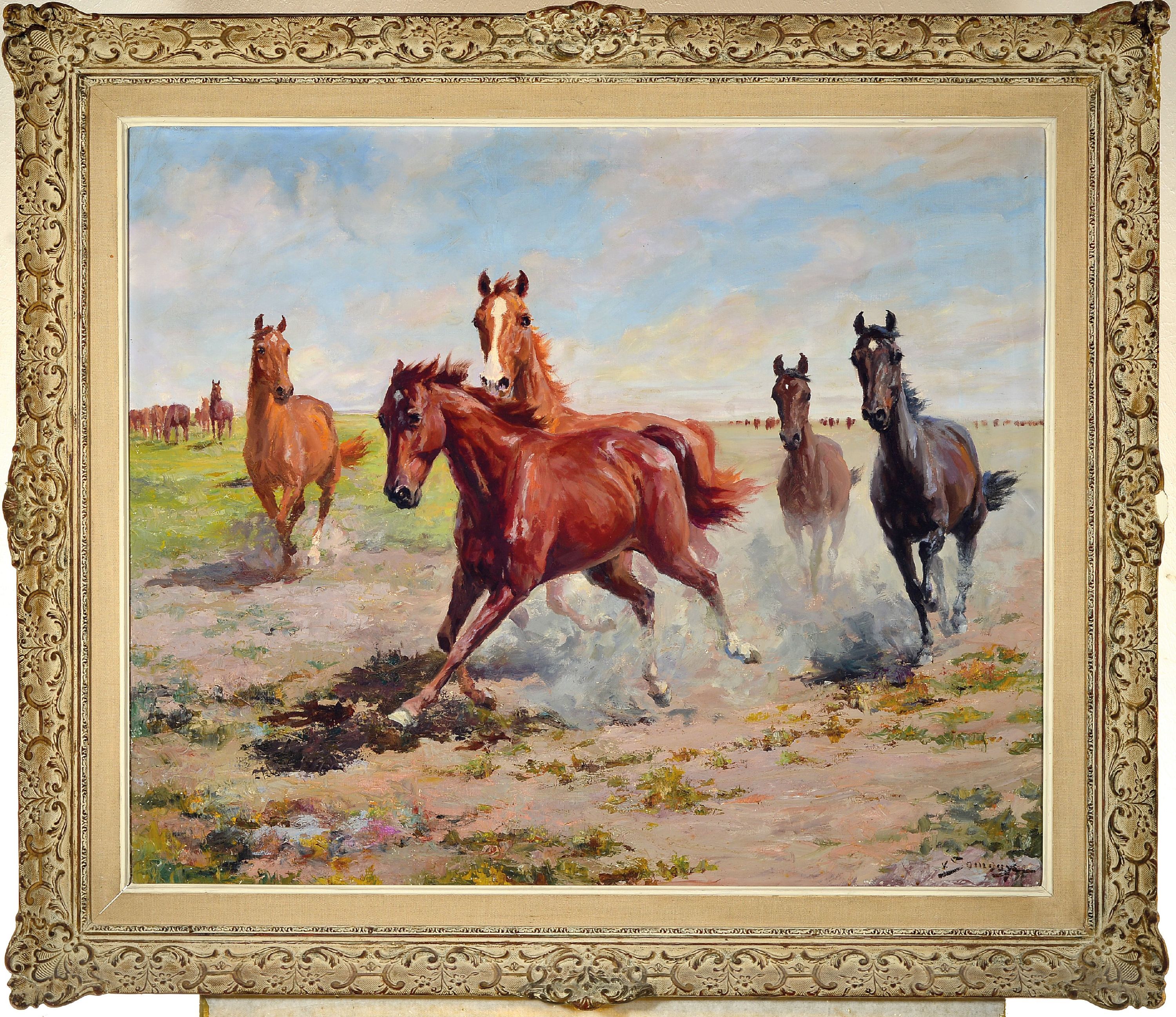 Detail k: Istvan von Somogyi, 1897 Ogyalla/Ungarn-1971 Budapest, Wildpferde in der Puszta, Öl/Lwd, rechts unten sign., ca. 75x90cm, R. ca. 95x110cm, Studierte ...