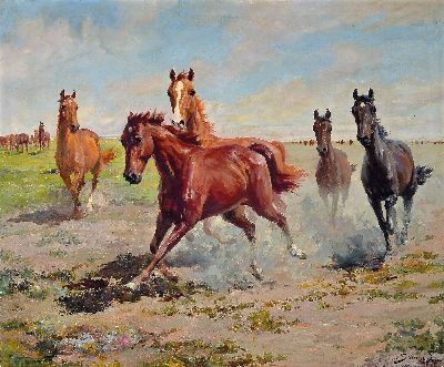 Image Istvan von Somogyi, 1897 Ogyalla/Ungarn-1971 Budapest, Wildpferde in der Puszta, ...