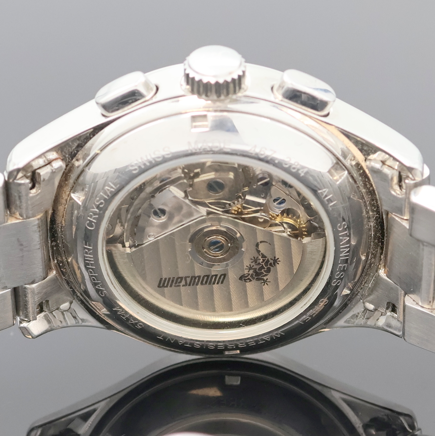 Detail e: WIESMANN Armbandchronograph in Edelstahl, Schweiz um 2005, Automatik, beids. vergl., Boden verschr., neutr. Stahlband m. dopp. Faltschl., Saphirglas, ...