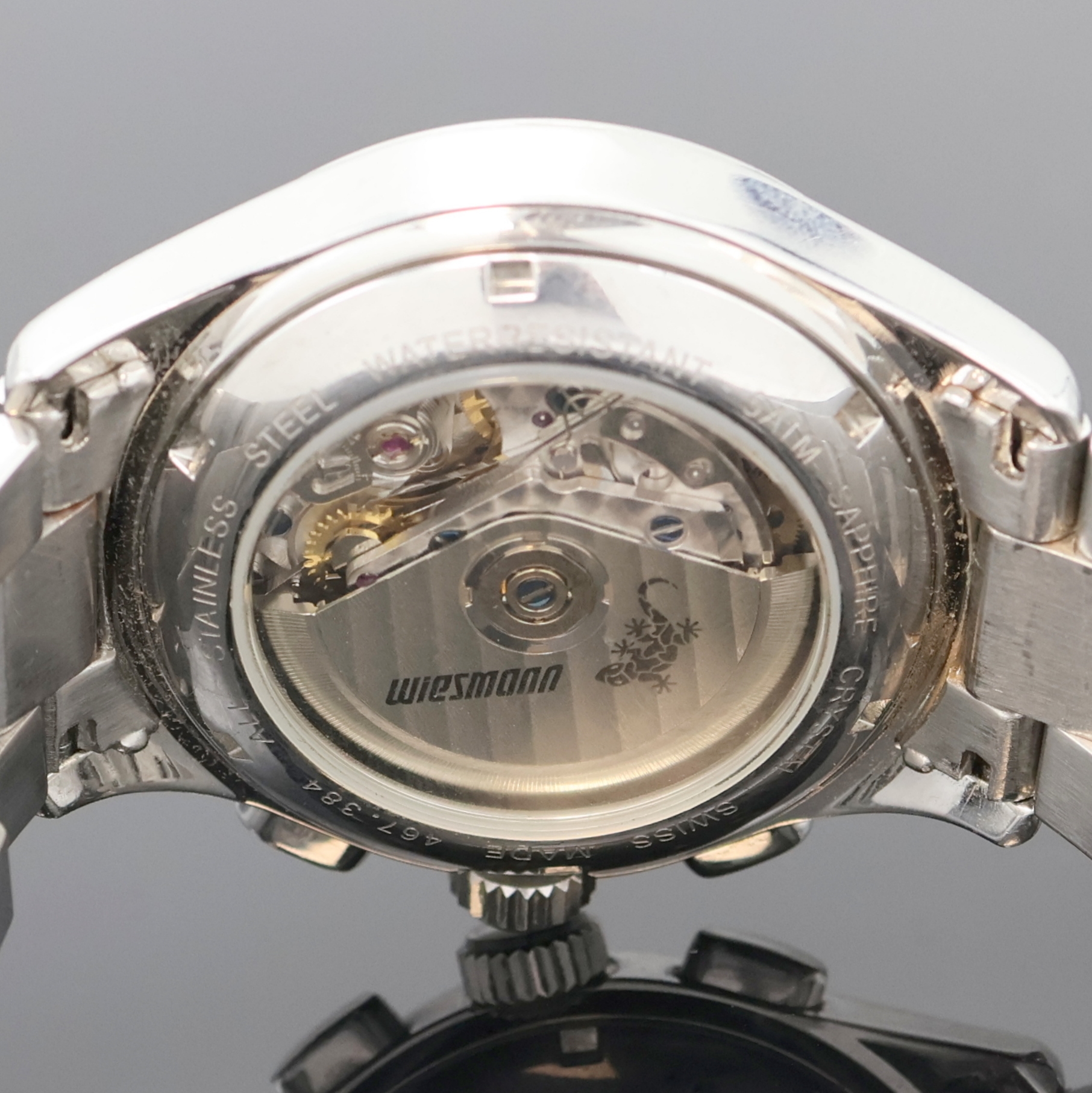 Detail f: WIESMANN Armbandchronograph in Edelstahl, Schweiz um 2005, Automatik, beids. vergl., Boden verschr., neutr. Stahlband m. dopp. Faltschl., Saphirglas, ...
