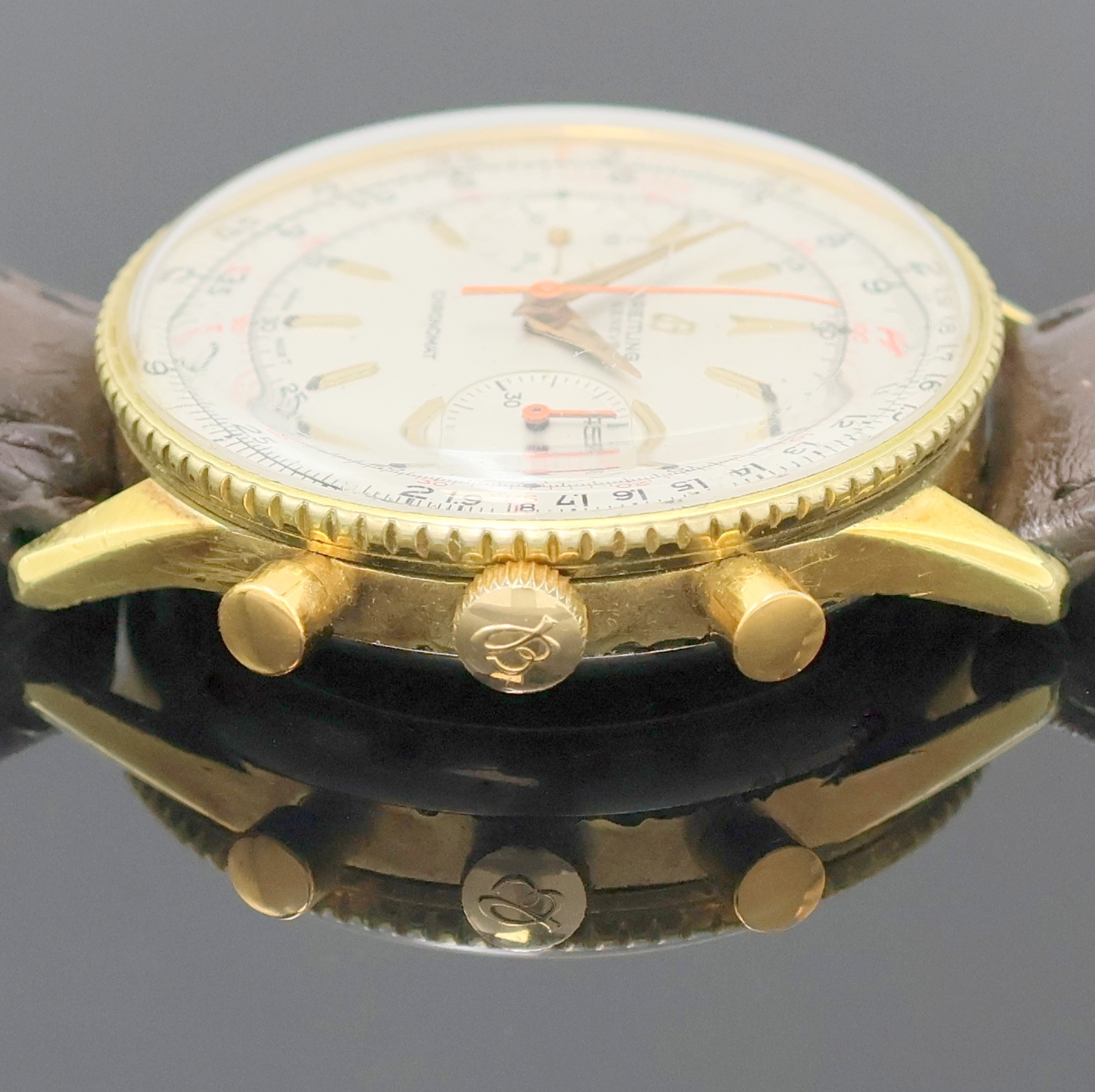 Detail d: BREITLING Chronomat seltene Herrenarmbanduhr mit Schaltradchronograph Referenz 808, Schweiz um 1966, Handaufzug, verg. Geh. teilw.korr., ...