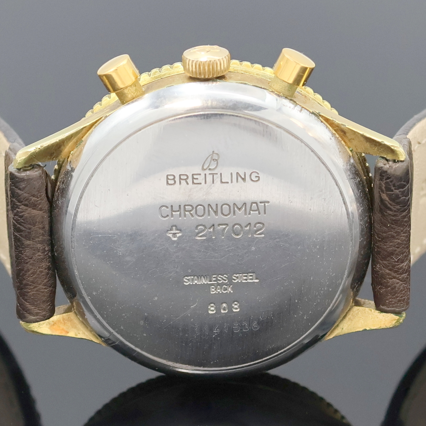 Detail e: BREITLING Chronomat seltene Herrenarmbanduhr mit Schaltradchronograph Referenz 808, Schweiz um 1966, Handaufzug, verg. Geh. teilw.korr., ...