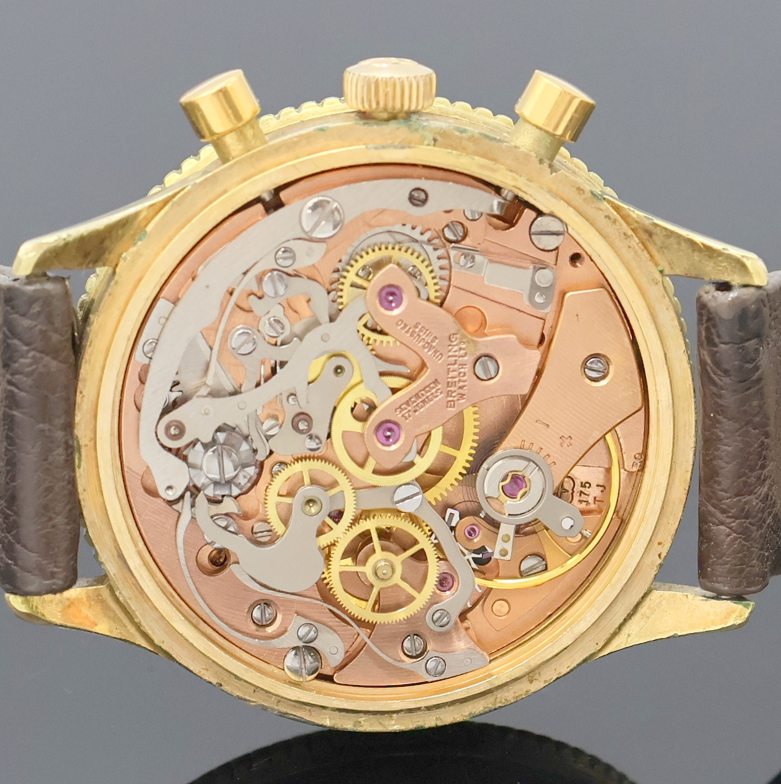 Detail f: BREITLING Chronomat seltene Herrenarmbanduhr mit Schaltradchronograph Referenz 808, Schweiz um 1966, Handaufzug, verg. Geh. teilw.korr., ...