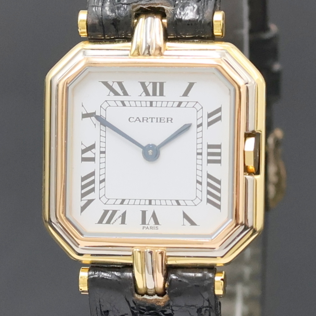 Detail a: CARTIER Paris Armbanduhr Ceinture Trinity in GG/RG/WG 750/000 Referenz 81054, quarz, Frankreich um 1980, massives tricolor Goldgeh. inkl. Lederband ...