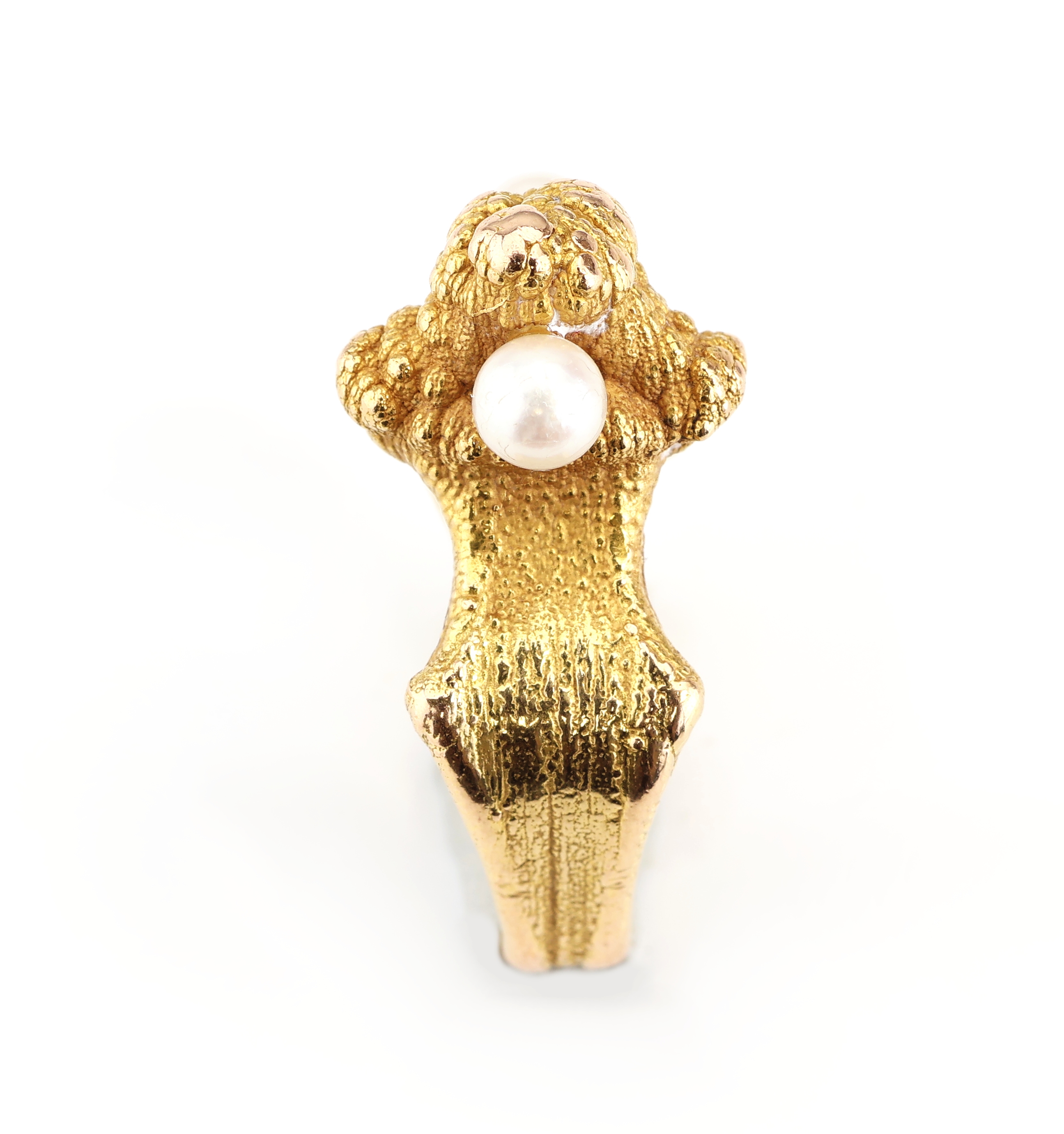 Detail b: 18 kt Gold Perl-Ring, GG 750/000, außergewöhnliche Gestaltung, abstrakte Darstellung zweier Pudelköpfe, 2 weiße Zuchtperlen, RW 48, ca. 19.2 g