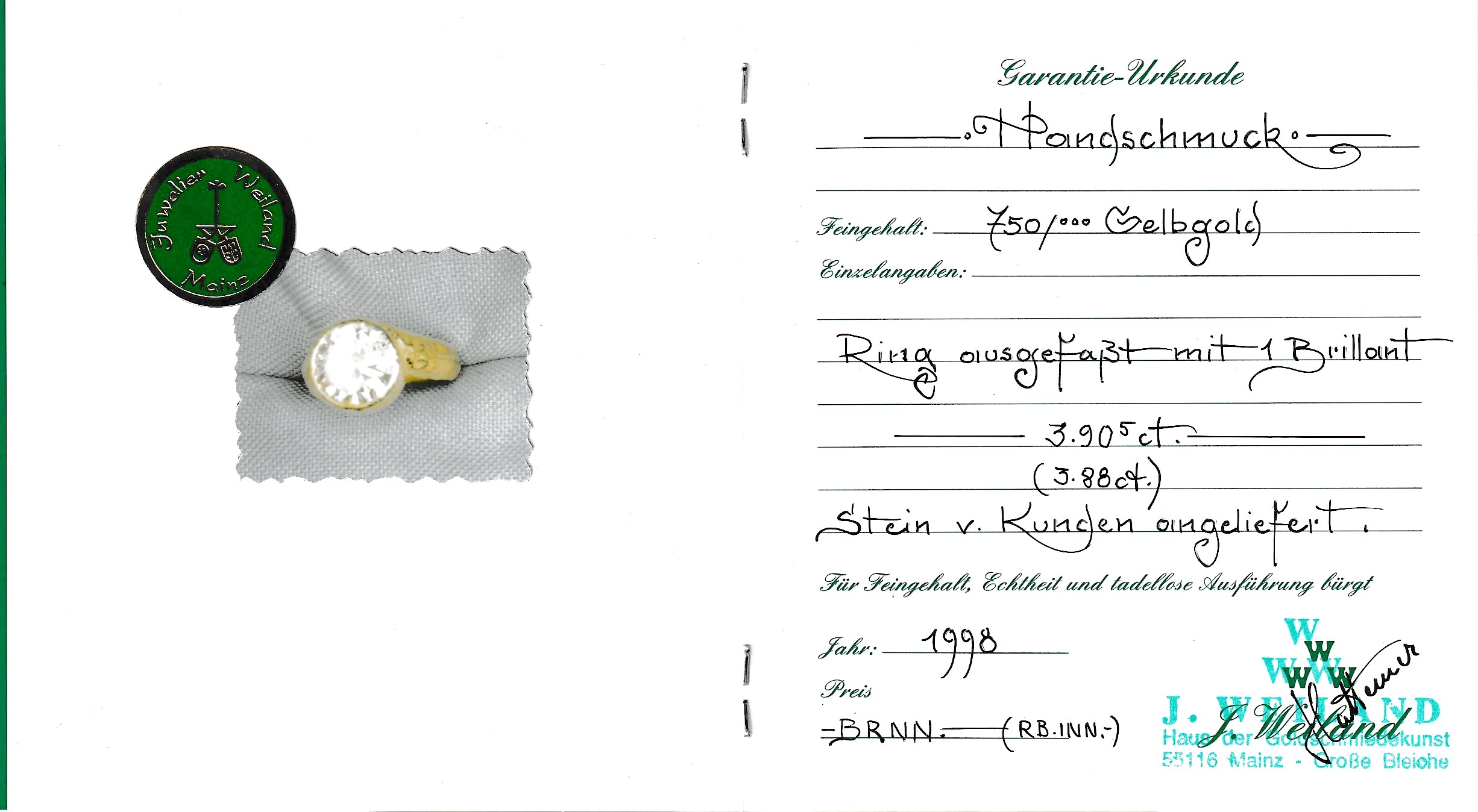 Detail a: 18 kt Gold Brillant-Ring, GG 750/000, Brillant ca. 3.88 ct l. get. Weiß/p1, Ringschiene gehämmert, RW 50, ca. 13.8 g, hochwertige ...