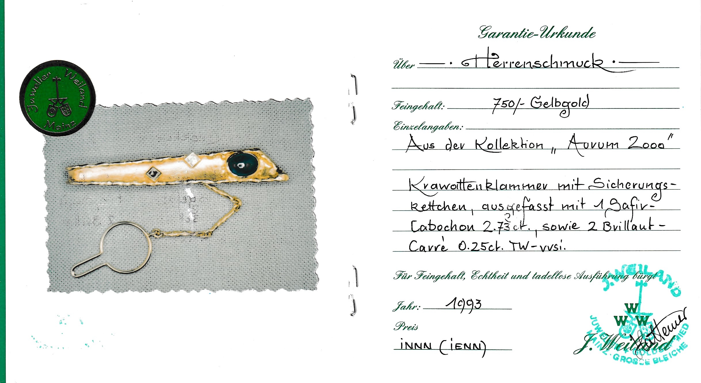 Detail a: 18 kt Gold Saphir-Diamant-Krawattenklammer, GG 750/000, hochwertige Einzelanfertigung durch WEILAND/Mainz, abstrakte Gestaltung, ovaler ...