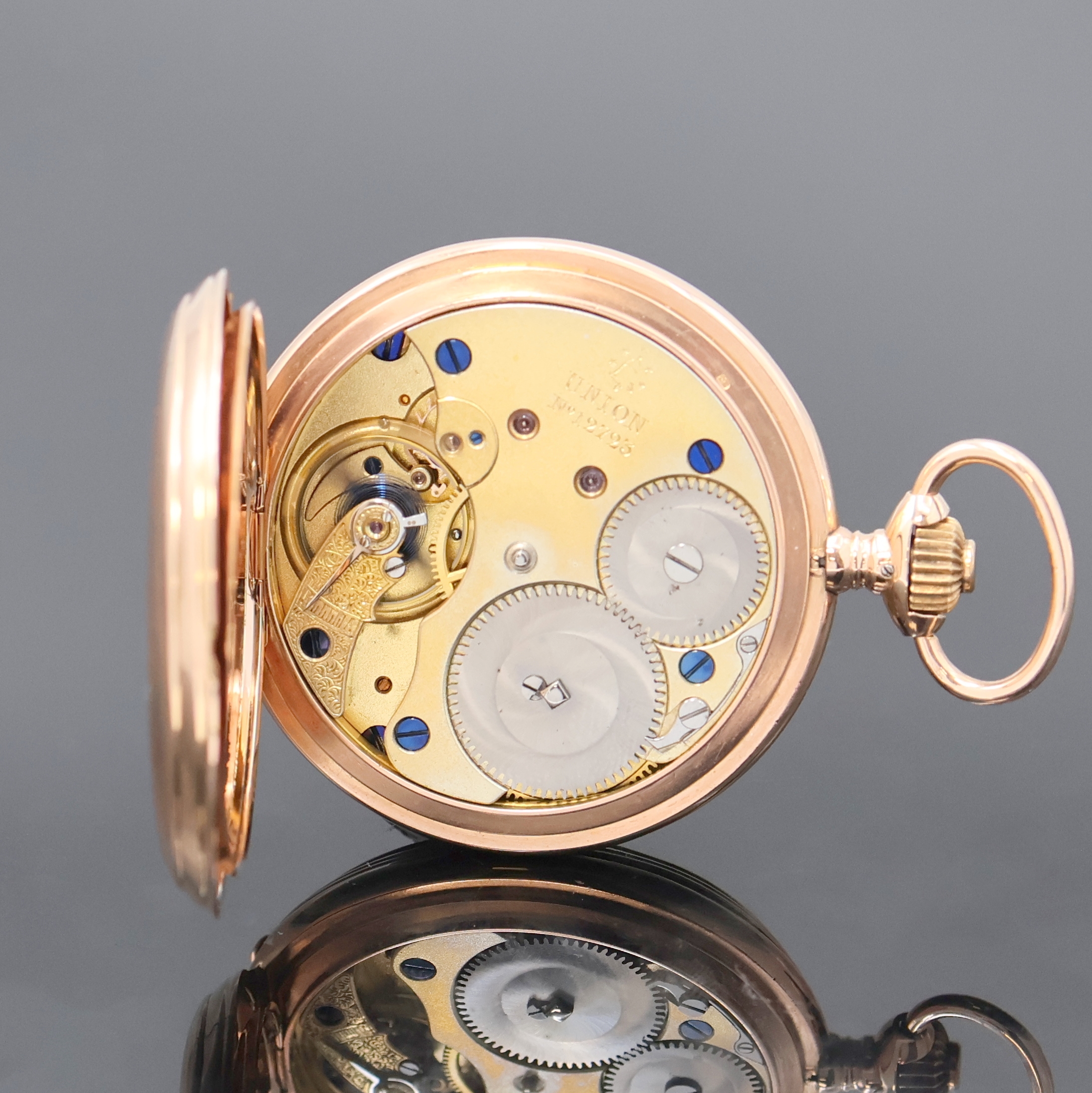 Detail e: UHRENFABRIK UNION GLASHÜTTE in Sachsen Savonette in RG 585/000, Deutschland um 1910, 3 Deckel Goldgeh. l. dell., Sprungdeckel m. Monogramm, ...