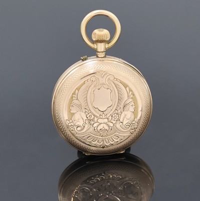 27019960a - Kleine offene Damentaschenuhr in RG 585/000, Schweiz 1900, verz. Geh. dell., grav. ...