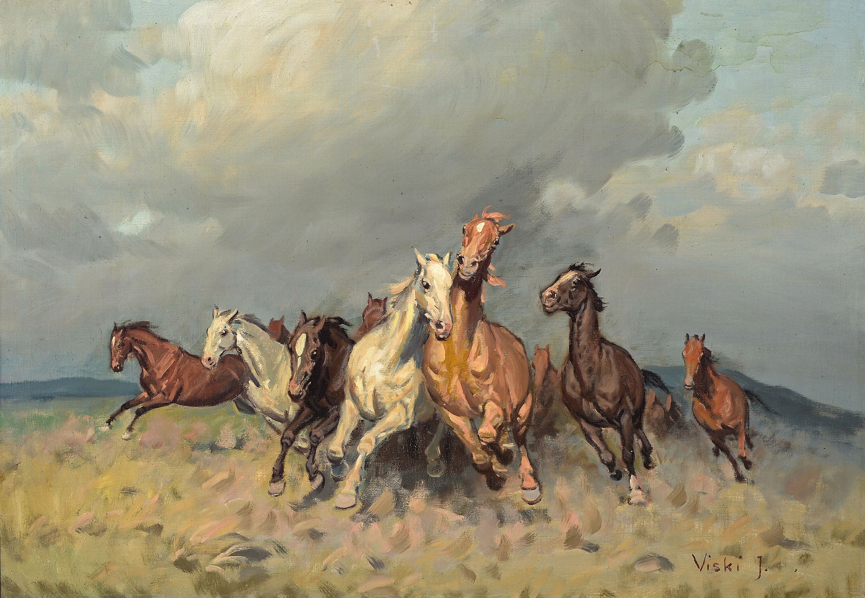 Image 27020011 - Janos Viski, 1891 - 1987, Wildpferde, Öl/Lwd, signiert, 70 x 100 cm, Rahmen