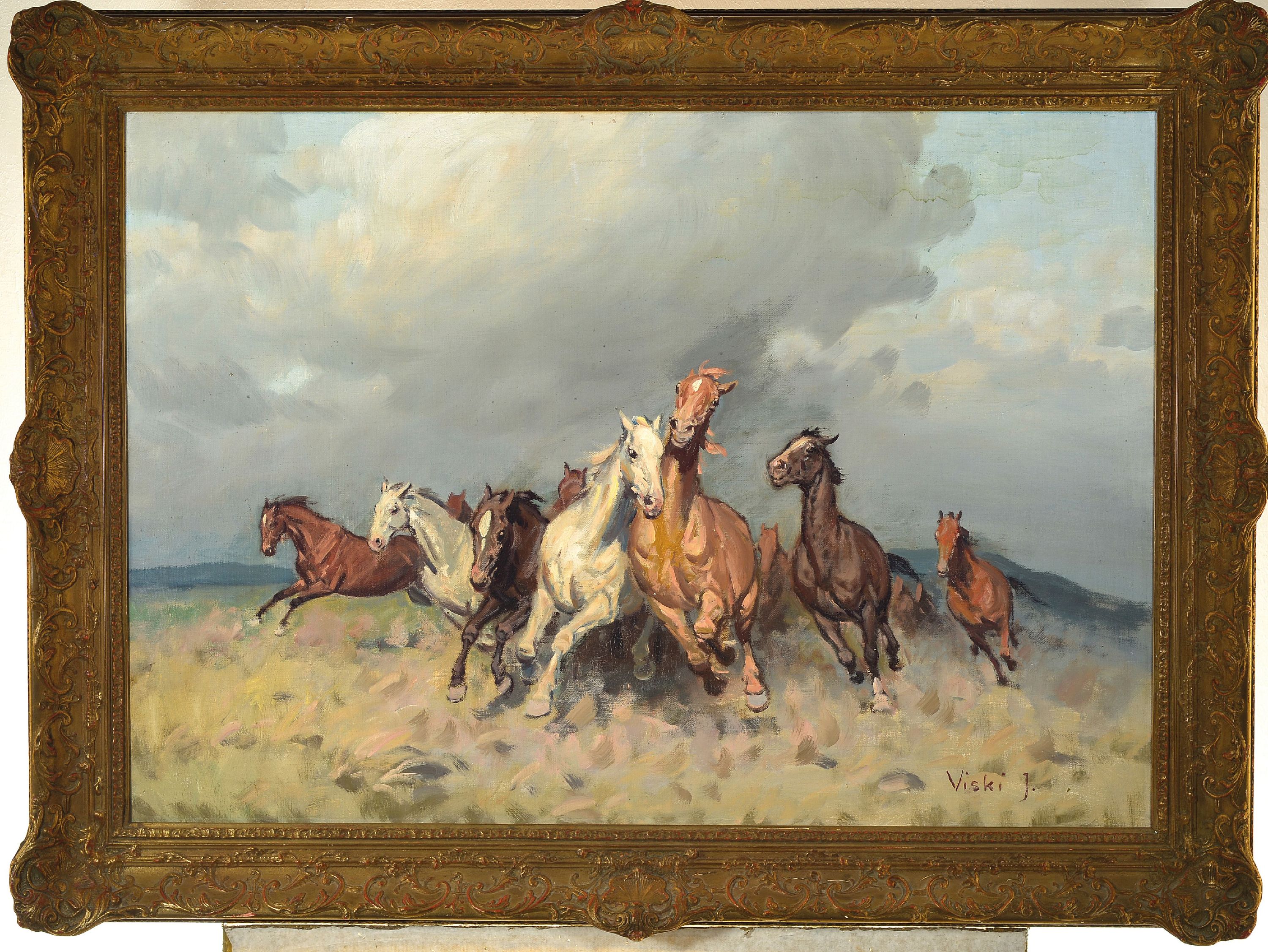 Detail k: Janos Viski, 1891 - 1987, Wildpferde, Öl/Lwd, signiert, 70 x 100 cm, Rahmen