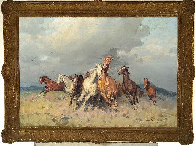27020011k - Janos Viski, 1891 - 1987, Wildpferde, Öl/Lwd, signiert, 70 x 100 cm, Rahmen