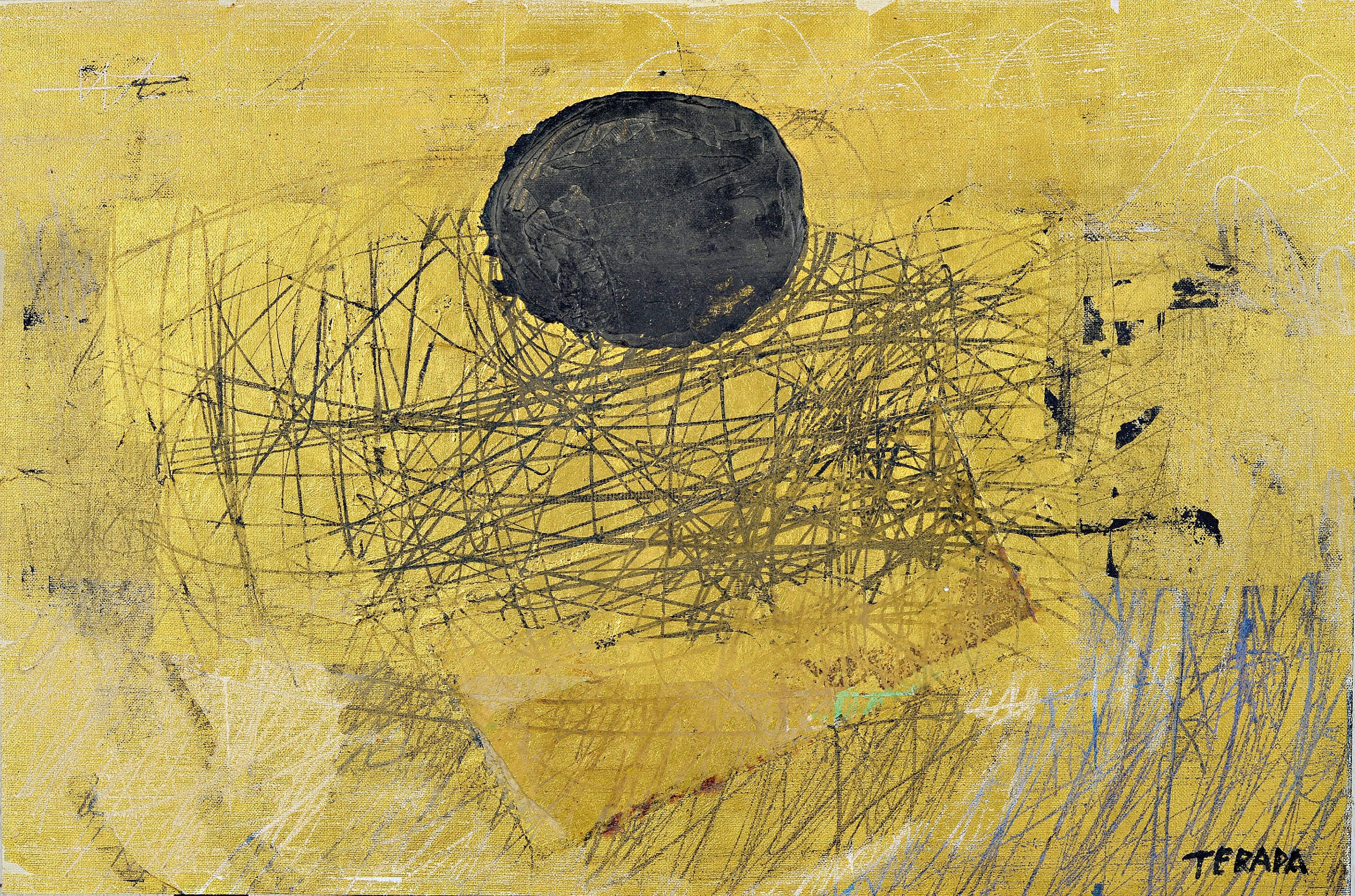 Detail k: Rin Terada, geb. 1948 Aomori, Japan, Mischtechnik (Blattgold und Acryl) auf Holzplatte, abstrakt-kalligraphische Komposition auf Goldgrund, rechts ...