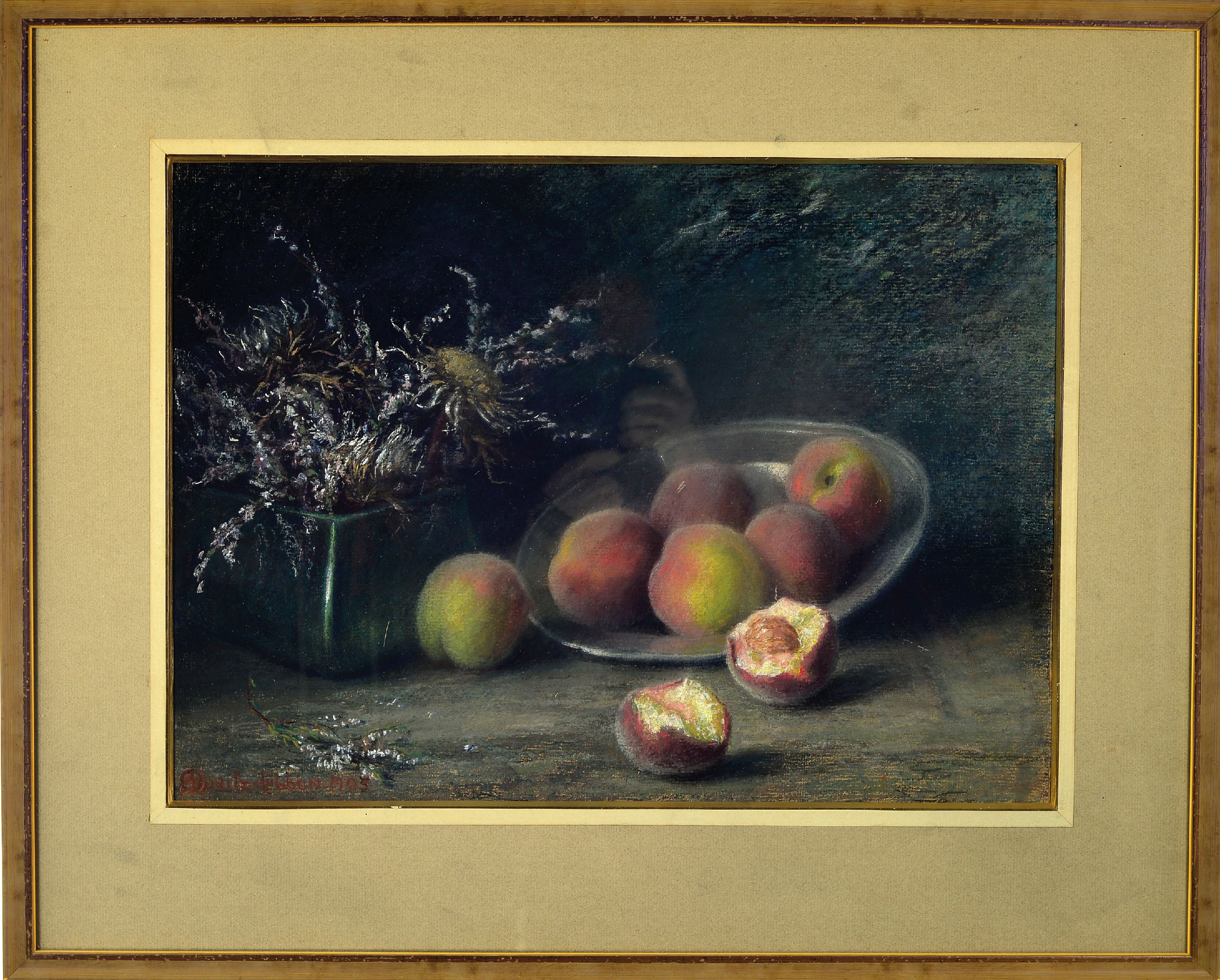 Detail k: Marie Elisabeth Moritz-Lübben, 1860 Lübben-1925,, Stillleben mit Pfirsischen, Pastell, links unten signiert und datiert 1905, unter Glas gerahmt ...