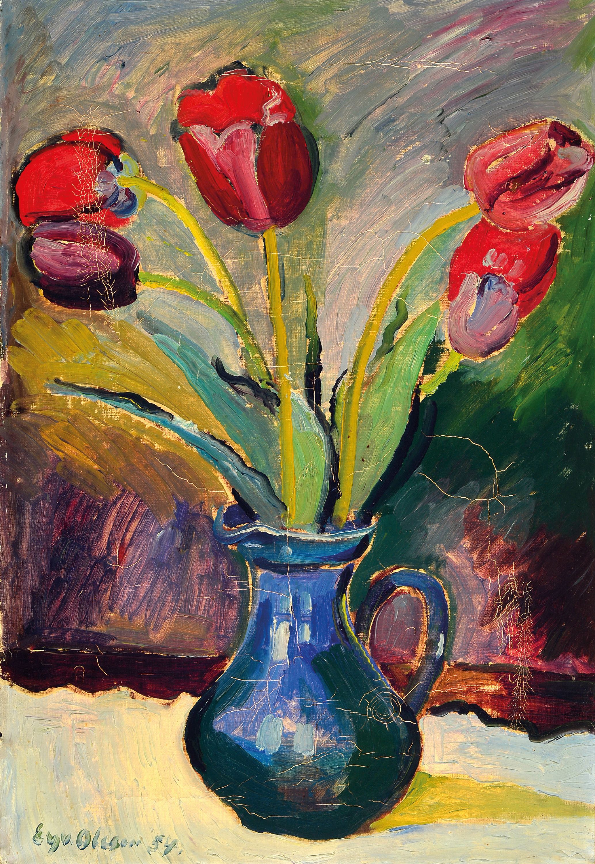 Image 27020178 - Eyvin Olesen, 1907 Svallerup-1995 Slaglille, Schweden, Stillleben mit Tulpen in Krug, ...