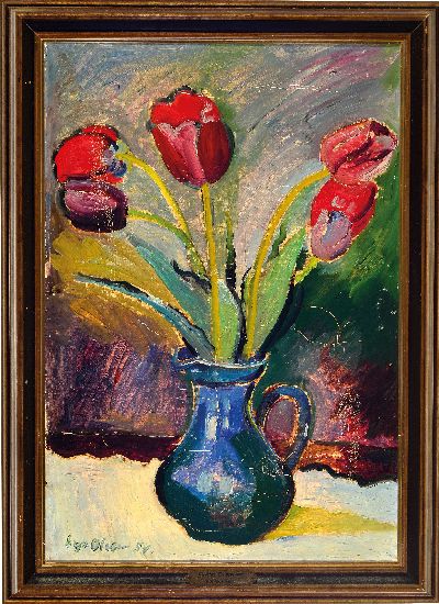 27020178k - Eyvin Olesen, 1907 Svallerup-1995 Slaglille, Schweden, Stillleben mit Tulpen in Krug, ...