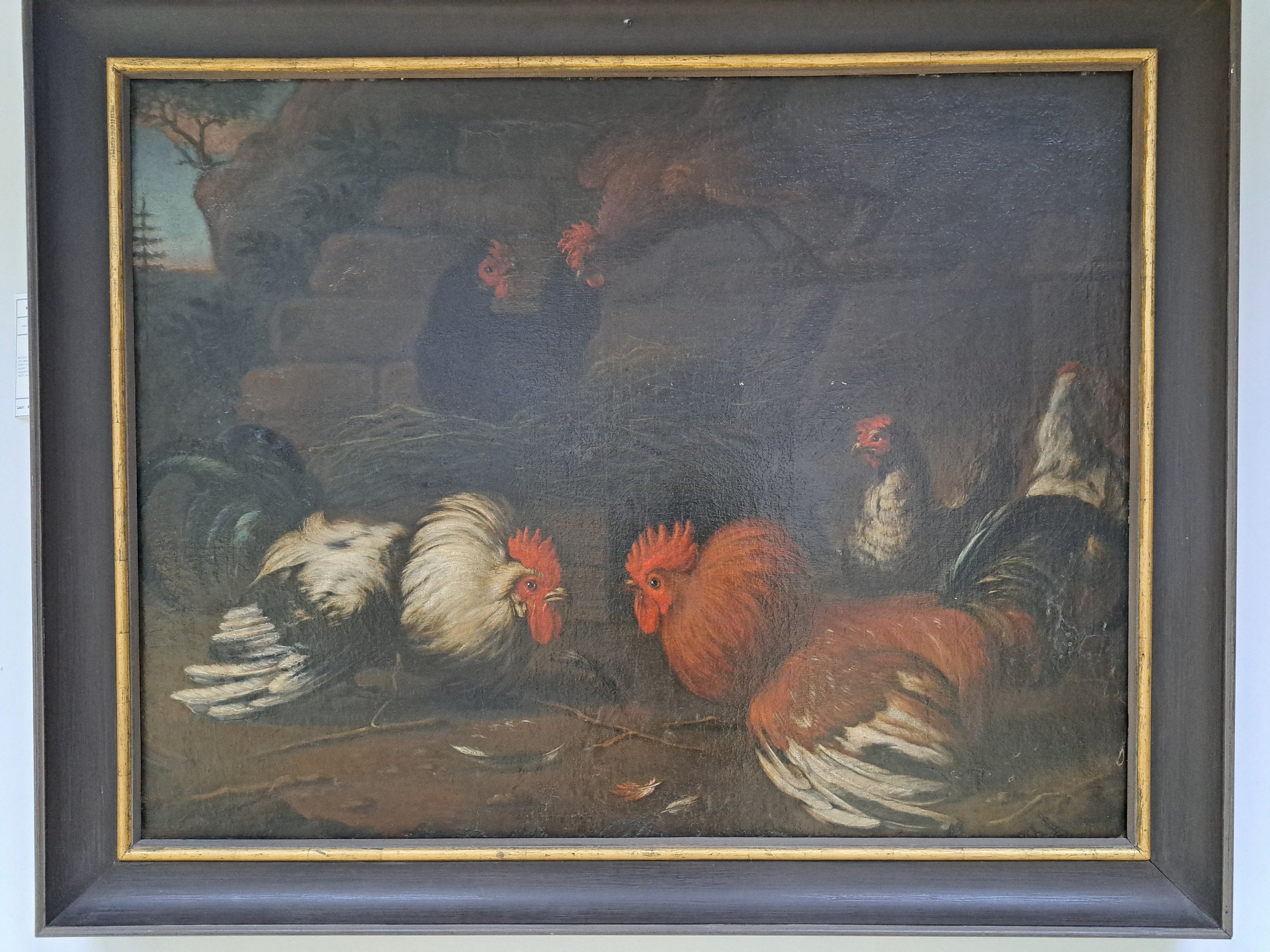 Detail a: Melchior de Hondecoeter, 1636 Utrecht-1695 Amsterdam, Paar Streithähne und 4 Hühner vor Ruinen-Kulisse, Mitte unten signiert "Hundecoter ...