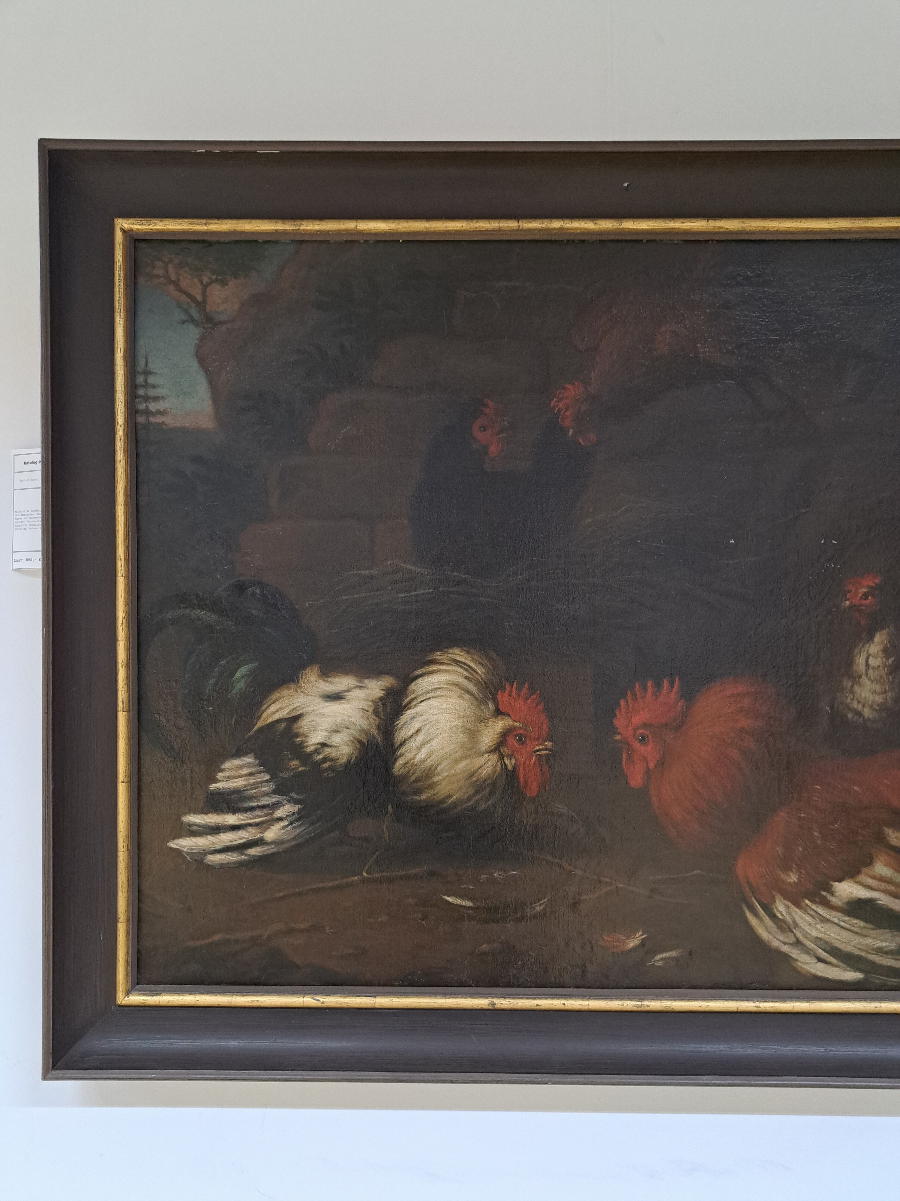 Detail c: Melchior de Hondecoeter, 1636 Utrecht-1695 Amsterdam, Paar Streithähne und 4 Hühner vor Ruinen-Kulisse, Mitte unten signiert "Hundecoter ...