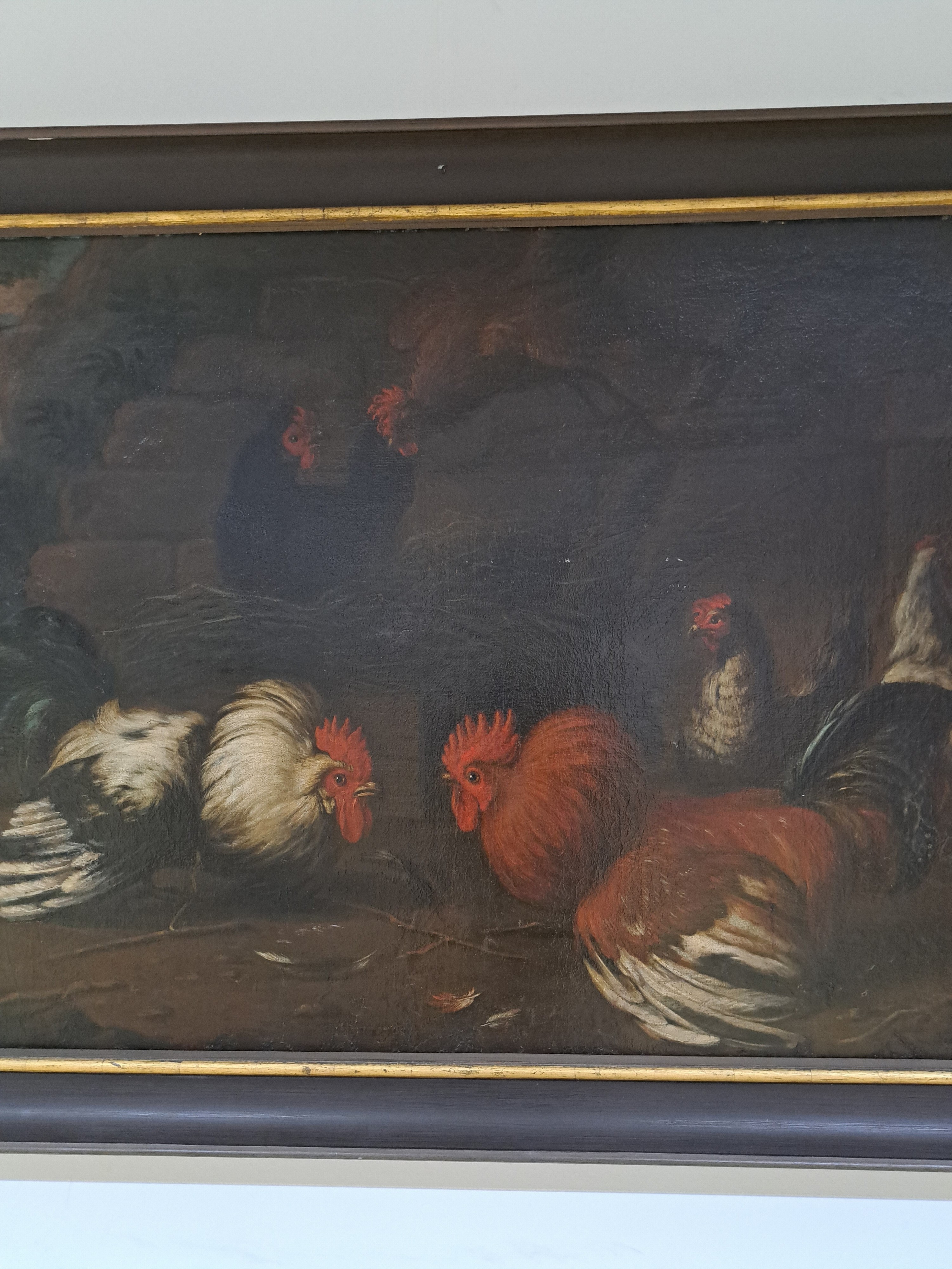 Detail d: Melchior de Hondecoeter, 1636 Utrecht-1695 Amsterdam, Paar Streithähne und 4 Hühner vor Ruinen-Kulisse, Mitte unten signiert "Hundecoter ...