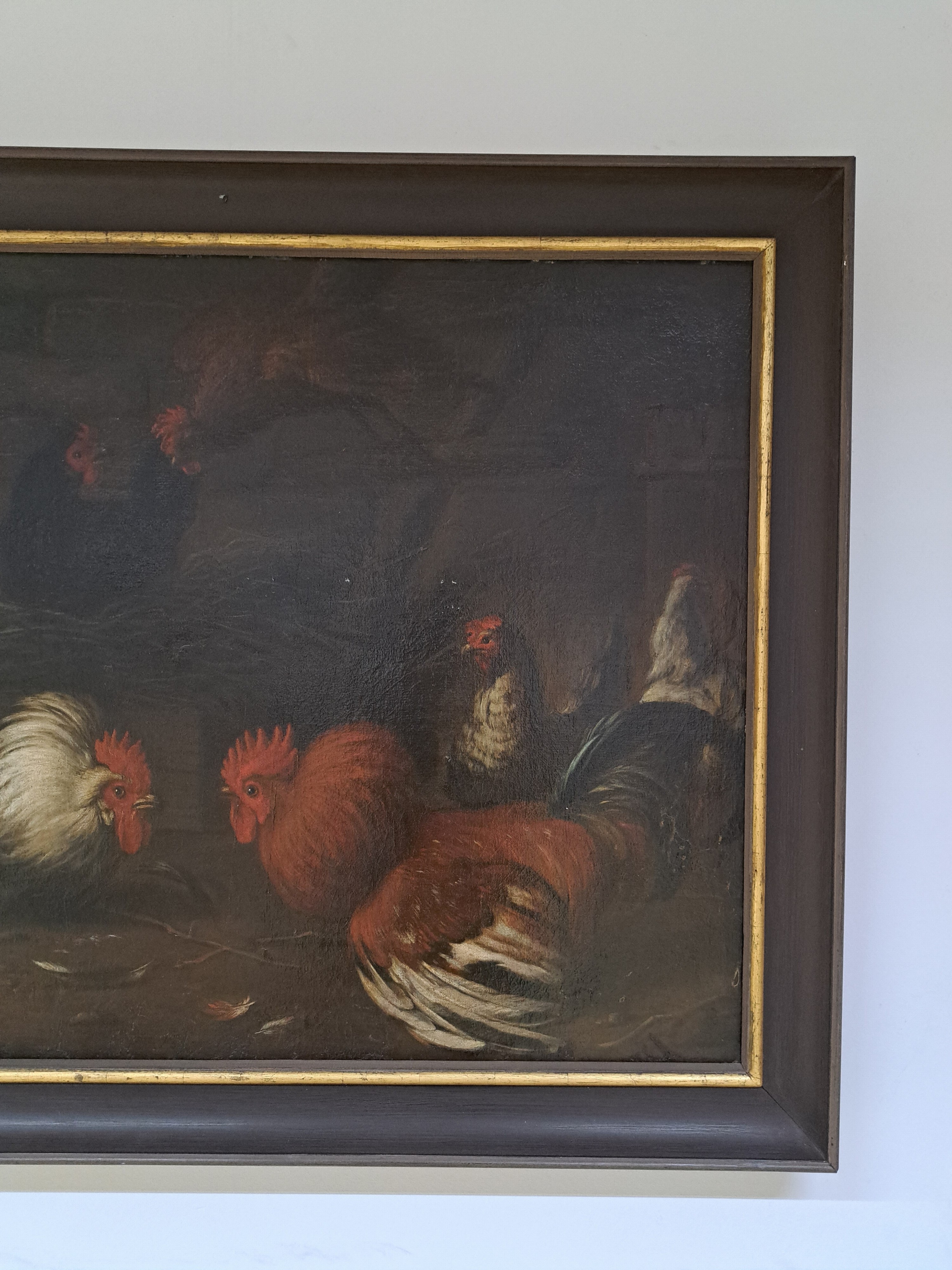 Detail e: Melchior de Hondecoeter, 1636 Utrecht-1695 Amsterdam, Paar Streithähne und 4 Hühner vor Ruinen-Kulisse, Mitte unten signiert "Hundecoter ...