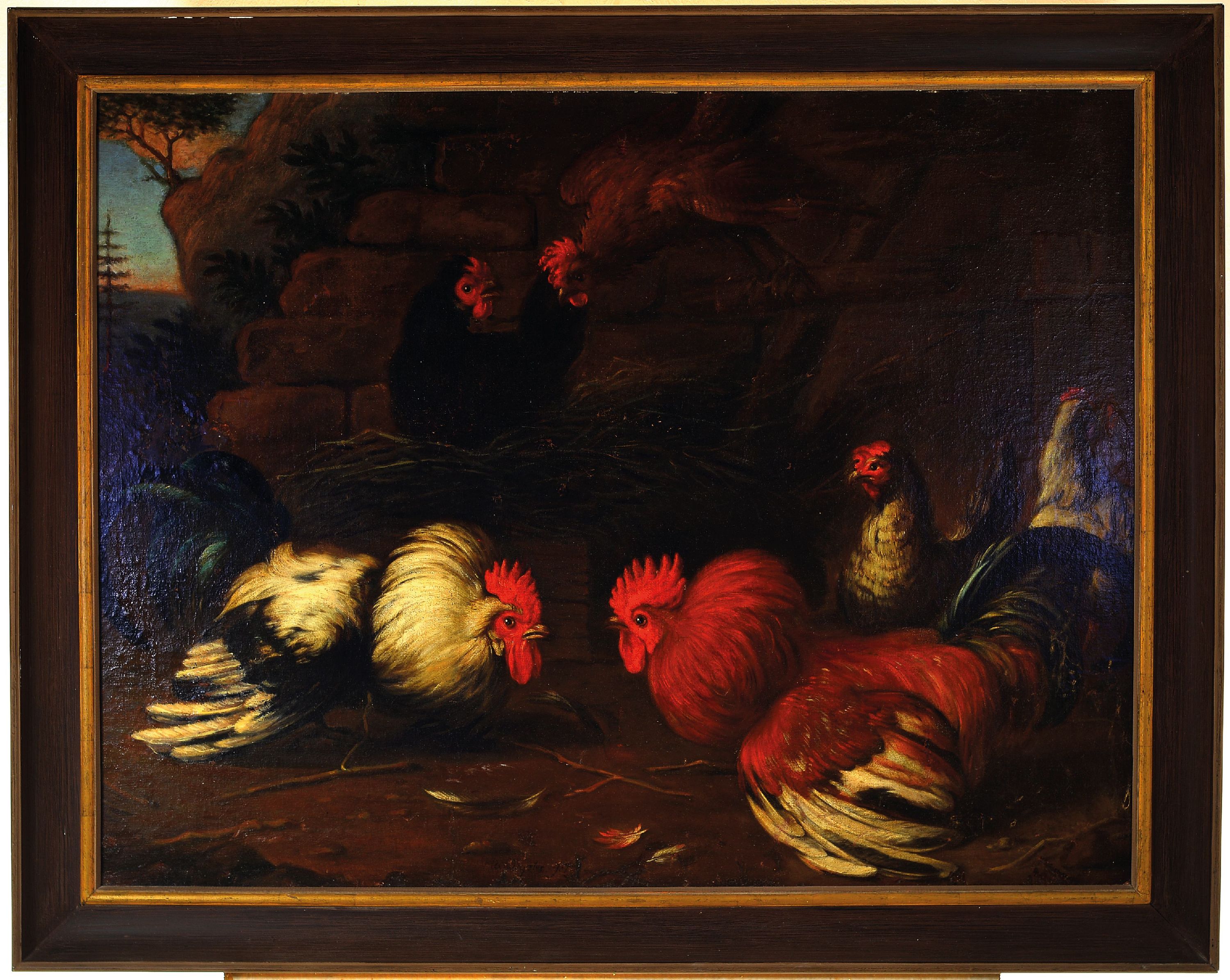Detail k: Melchior de Hondecoeter, 1636 Utrecht-1695 Amsterdam, Paar Streithähne und 4 Hühner vor Ruinen-Kulisse, Mitte unten signiert "Hundecoter ...