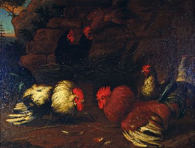 Image Melchior de Hondecoeter, 1636 Utrecht-1695 Amsterdam, Paar Streithähne und 4 Hühner ...