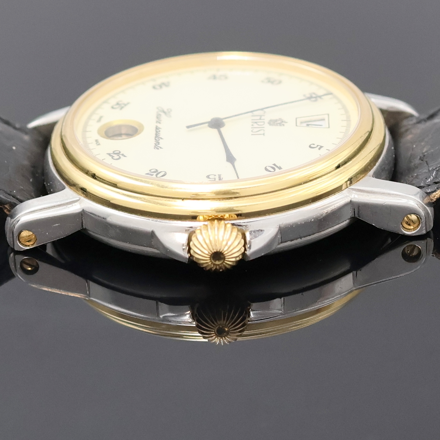 Detail d: CHRIST Herrenarmbanduhr Heure Sautante Emotion Referenz 3166-80500, Schweiz um 1995, Automatik, beids. vergl. Stahlgeh., Boden 4-fach verschr., ...