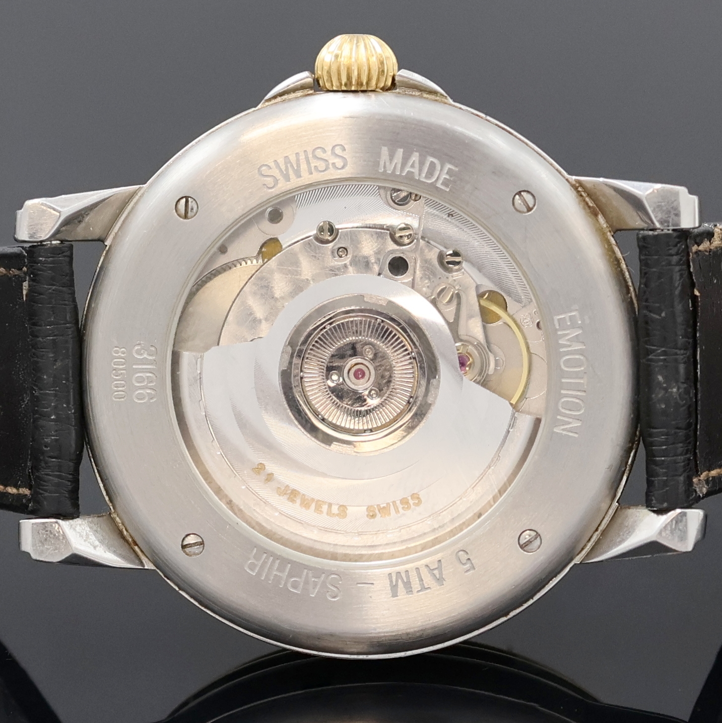 Detail e: CHRIST Herrenarmbanduhr Heure Sautante Emotion Referenz 3166-80500, Schweiz um 1995, Automatik, beids. vergl. Stahlgeh., Boden 4-fach verschr., ...