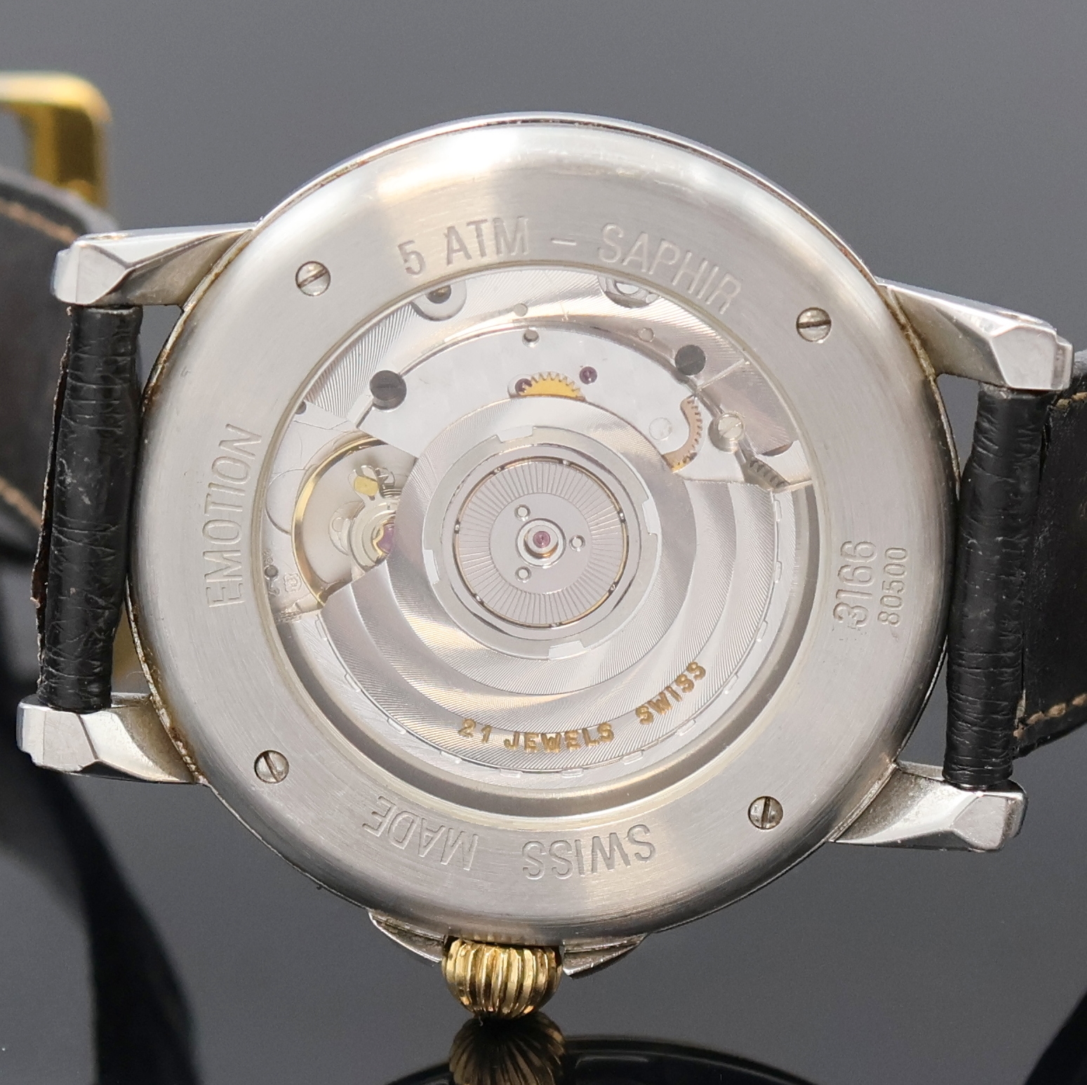 Detail f: CHRIST Herrenarmbanduhr Heure Sautante Emotion Referenz 3166-80500, Schweiz um 1995, Automatik, beids. vergl. Stahlgeh., Boden 4-fach verschr., ...