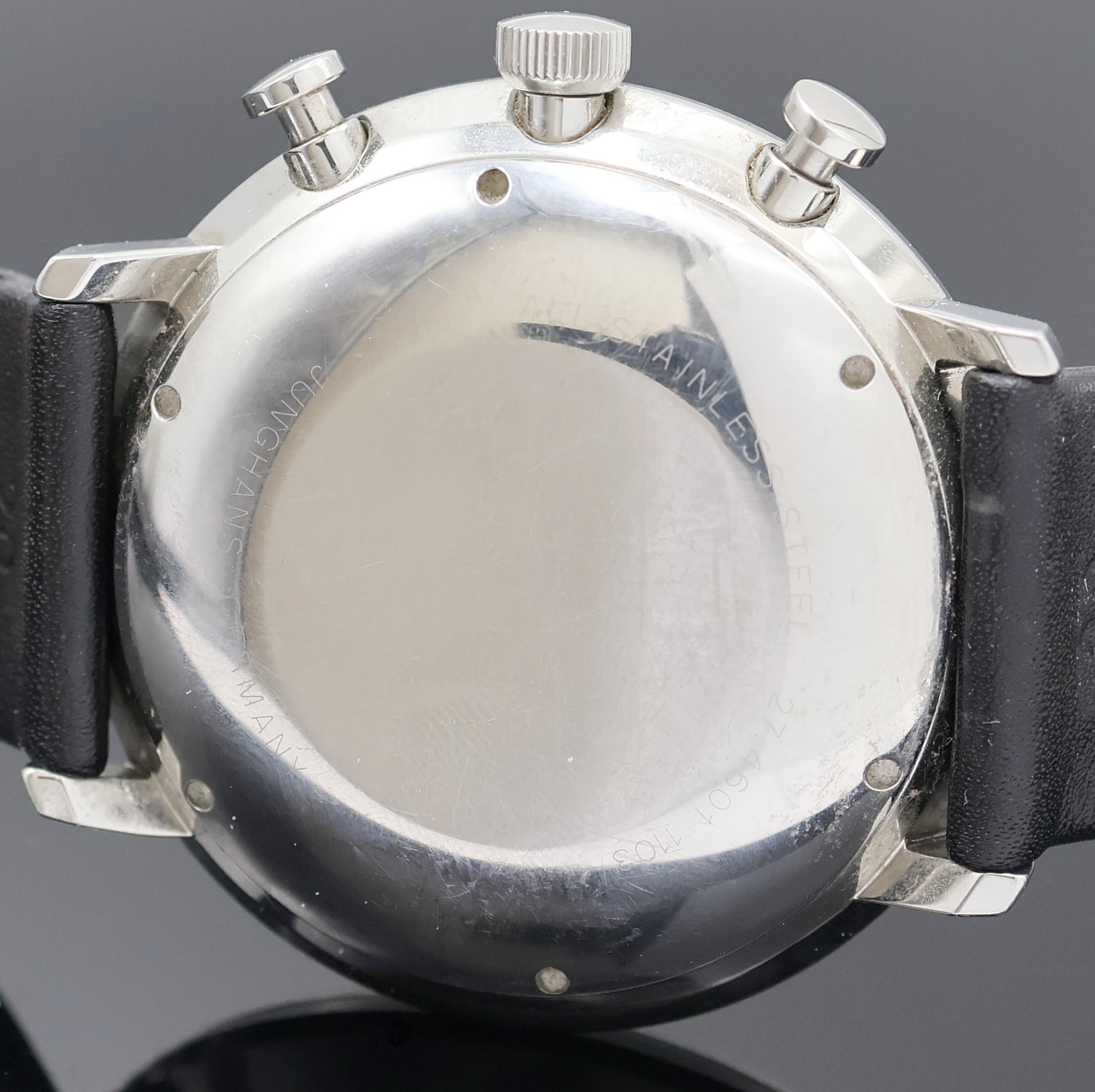 Detail d: JUNGHANS Armbandchronograph Chronoscope Max Bill Referenz 27.4601, Deutschland um 2018, Automatik, Edelstahlgeh., Boden verschr., schwarzes ...