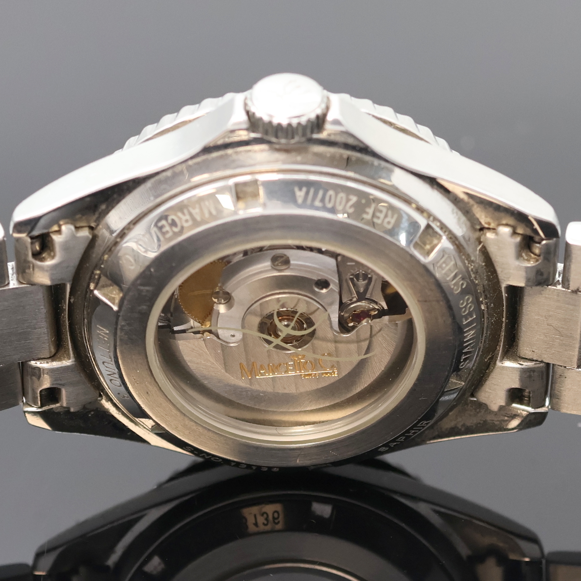 Detail d: MARCELLO C Herrenarmbanduhr Nettuno 3 Referenz 2007, Schweiz um 2010, Automatik, beids. vergl. Edelstahlgeh. inkl. orig. Gliederband m. Faltschl., ...