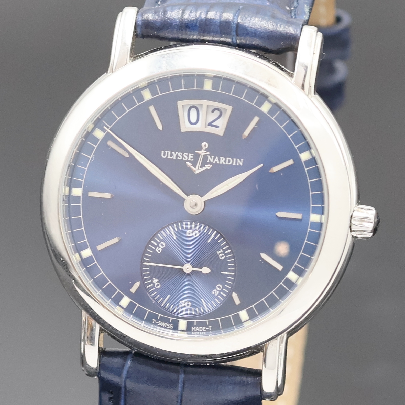 Detail a: ULYSSE NARDIN San Marco Herrenarmbanduhr Referenz 343-22, Schweiz um 2000, Automatik, Edelstahlgeh., Boden 4-fach verschr., blaues Zifferbl. m. ...