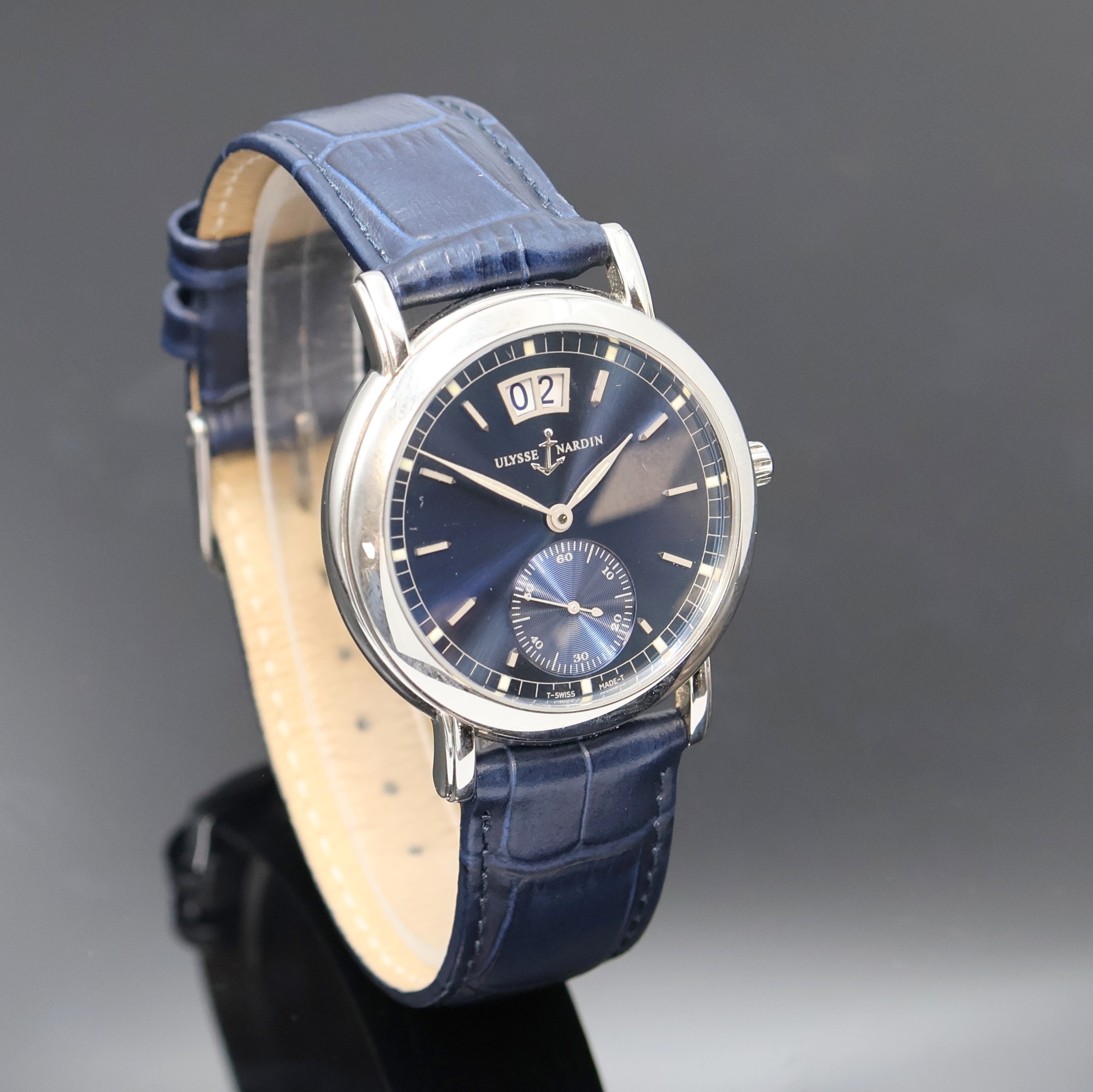 Detail b: ULYSSE NARDIN San Marco Herrenarmbanduhr Referenz 343-22, Schweiz um 2000, Automatik, Edelstahlgeh., Boden 4-fach verschr., blaues Zifferbl. m. ...